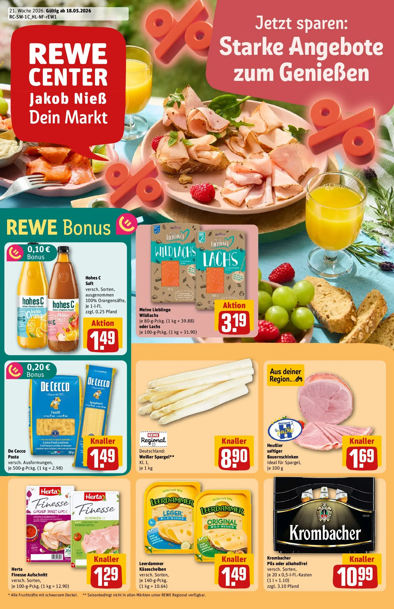 REWE Prospekt ab 17.05.2026 zum Blättern » Angebote | Seite: 1 | Produkte: Lachs, Schinken, Saft, Hahnchenbrust