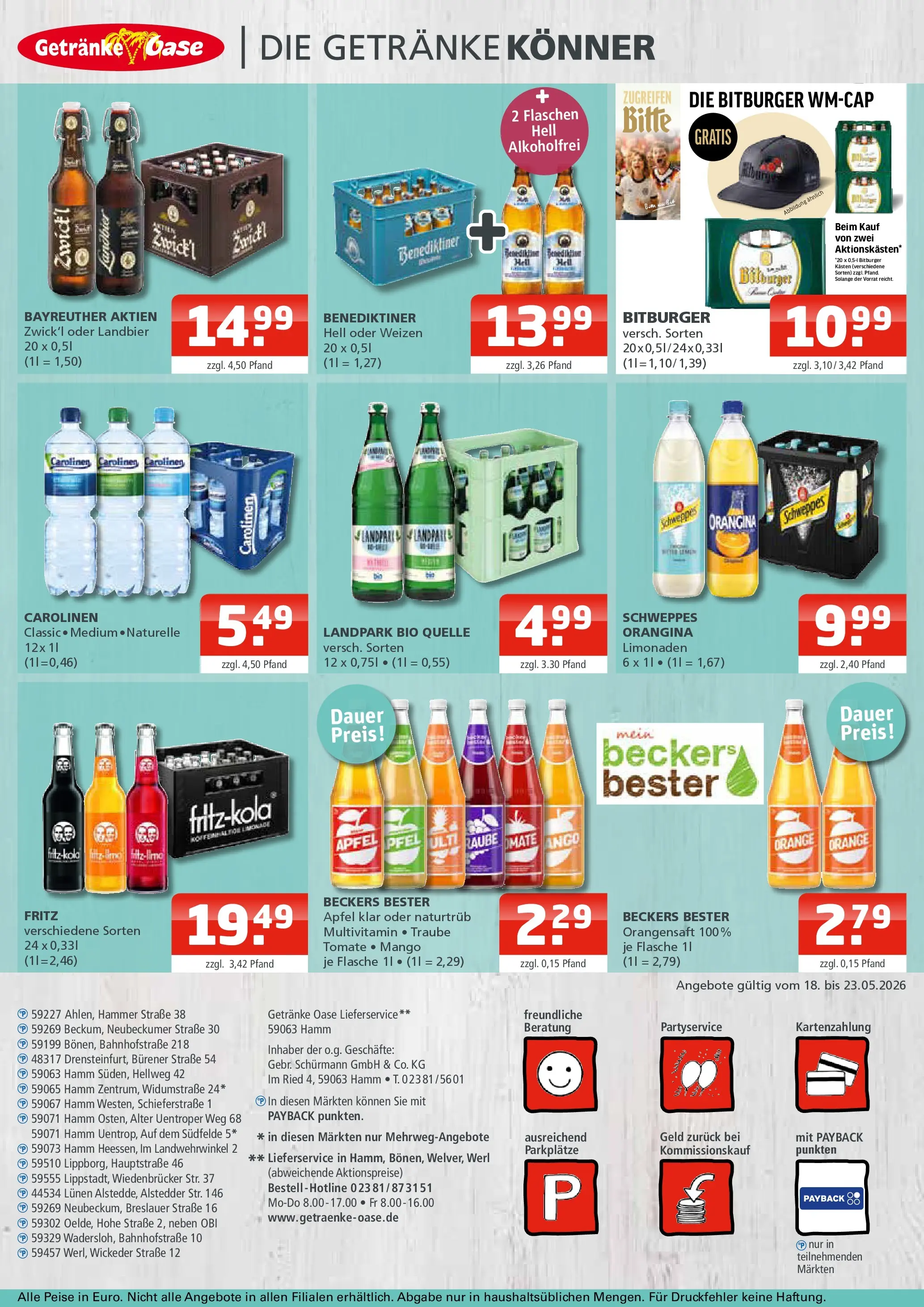 Angebote - Getränke Oase: Getränkeangebote (ab 17.05.2026) zum Blättern | Seite: 4 | Produkte: Bitburger, Orangensaft, Schweppes, Mango