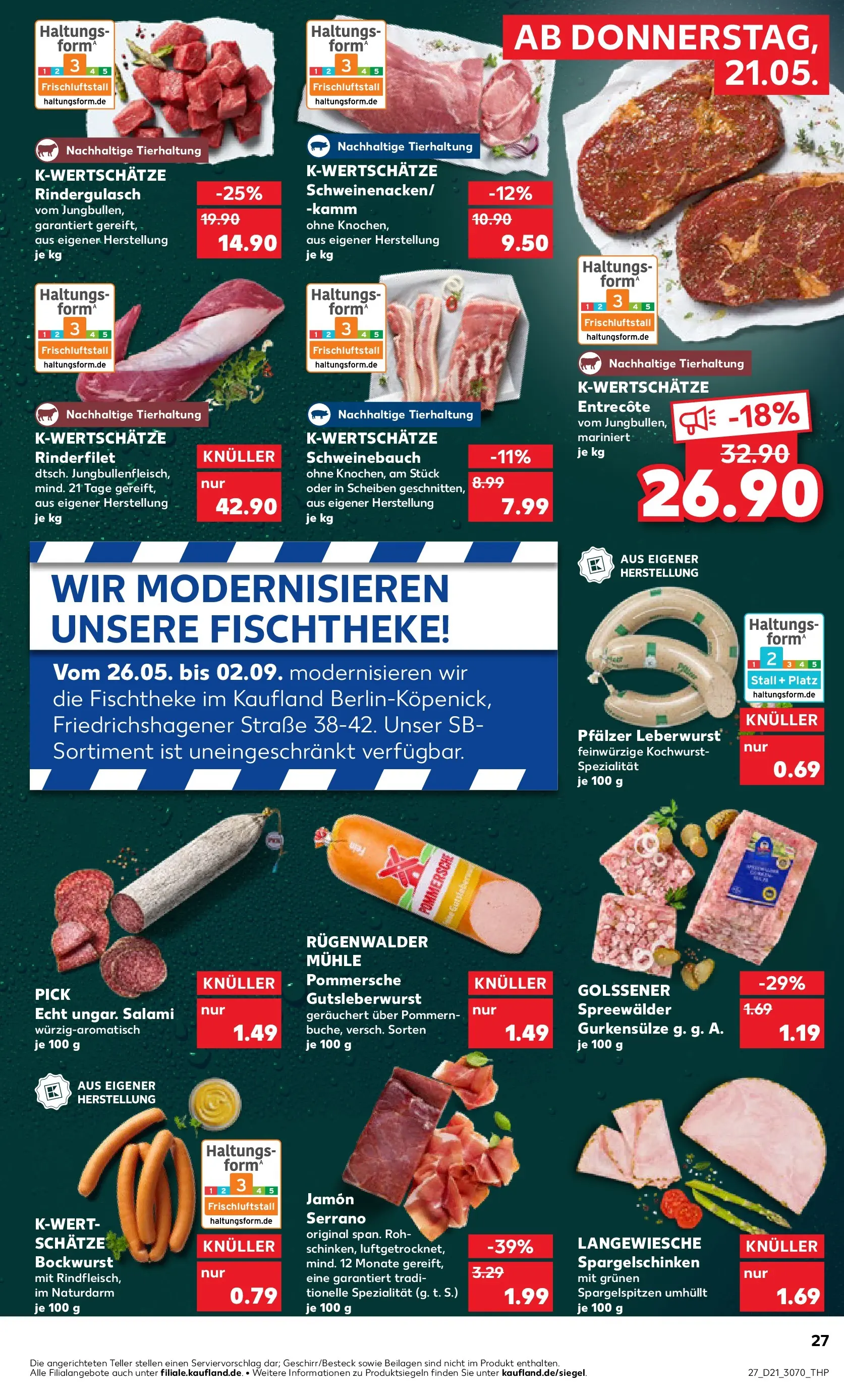 Prospekt Kaufland ab 21.05.2026 » Angebote Online zum Blättern | Seite: 27 | Produkte: Bockwurst, Mühle, Rinderfilet, Schweinebauch