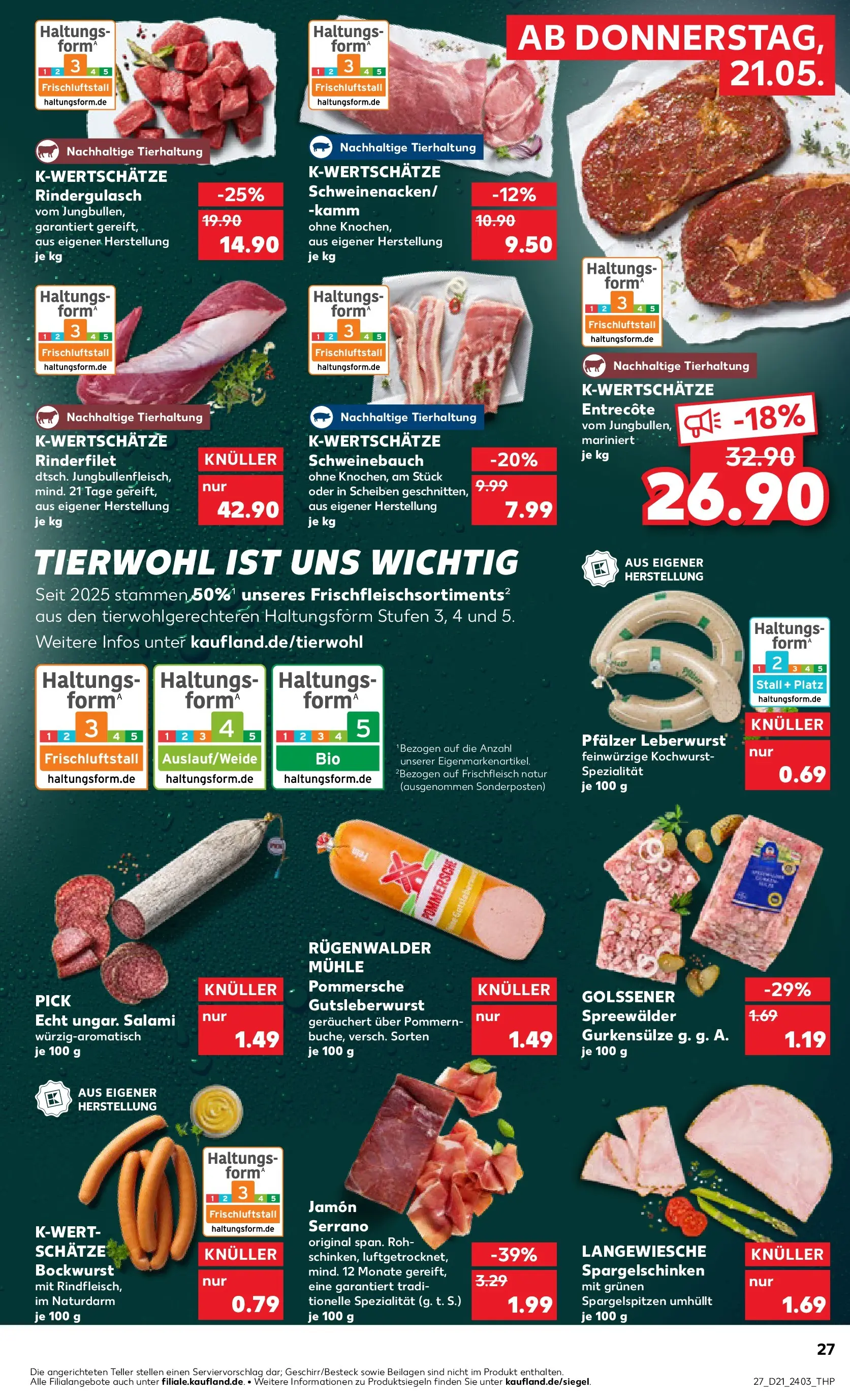 Prospekt Kaufland ab 21.05.2026 » Angebote Online zum Blättern | Seite: 27 | Produkte: Bockwurst, Mühle, Entrecote, Salami