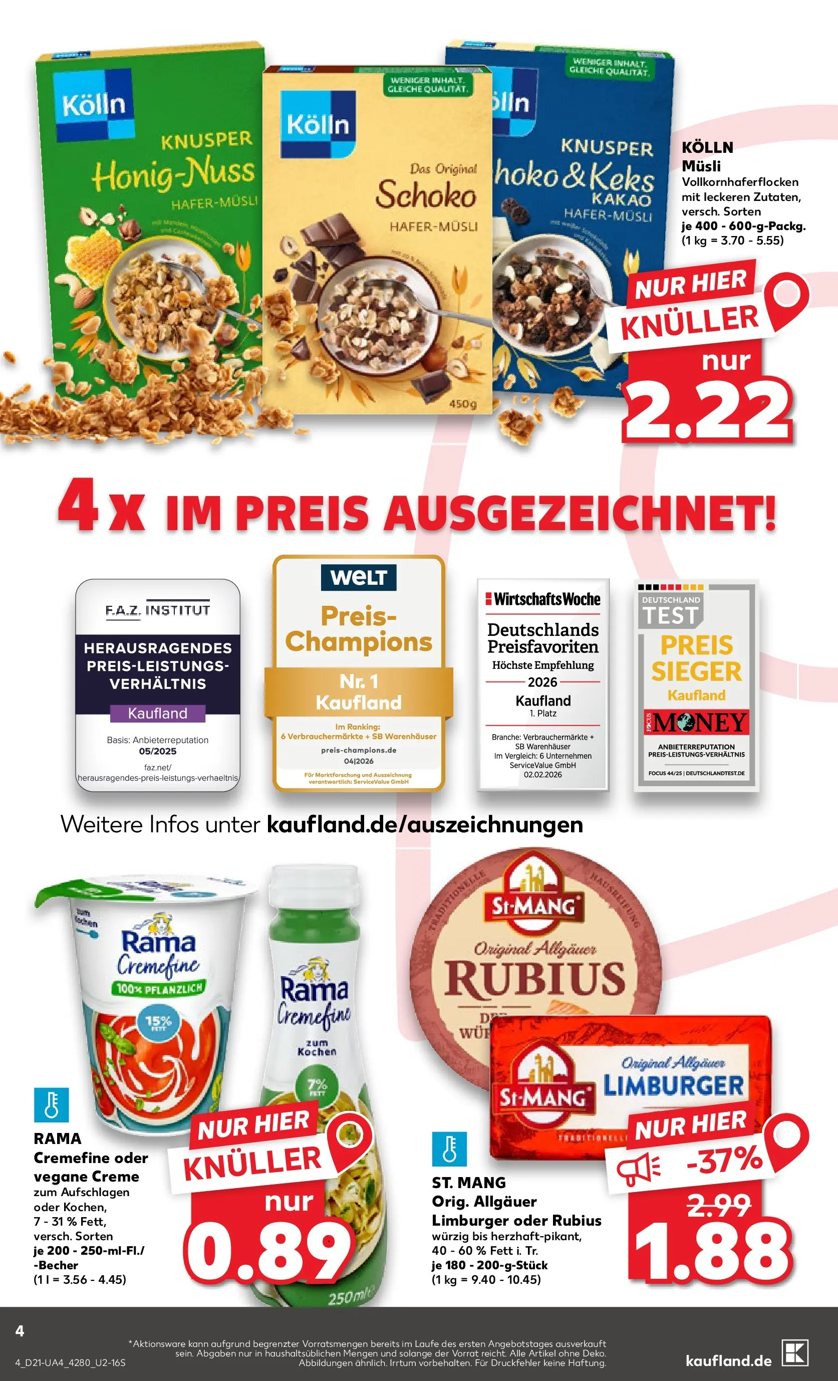 Prospekt Kaufland ab 21.05.2026 » Angebote und Werbung Online | Seite: 4 | Produkte: Rama, Kolln, Kolln musli, Rama cremefine Prospekt Kaufland ab 21.05.2026 » Angebote Online zum Blättern | Seite: 4 | Produkte: Rama, Kolln, Kolln musli, Rama cremefine