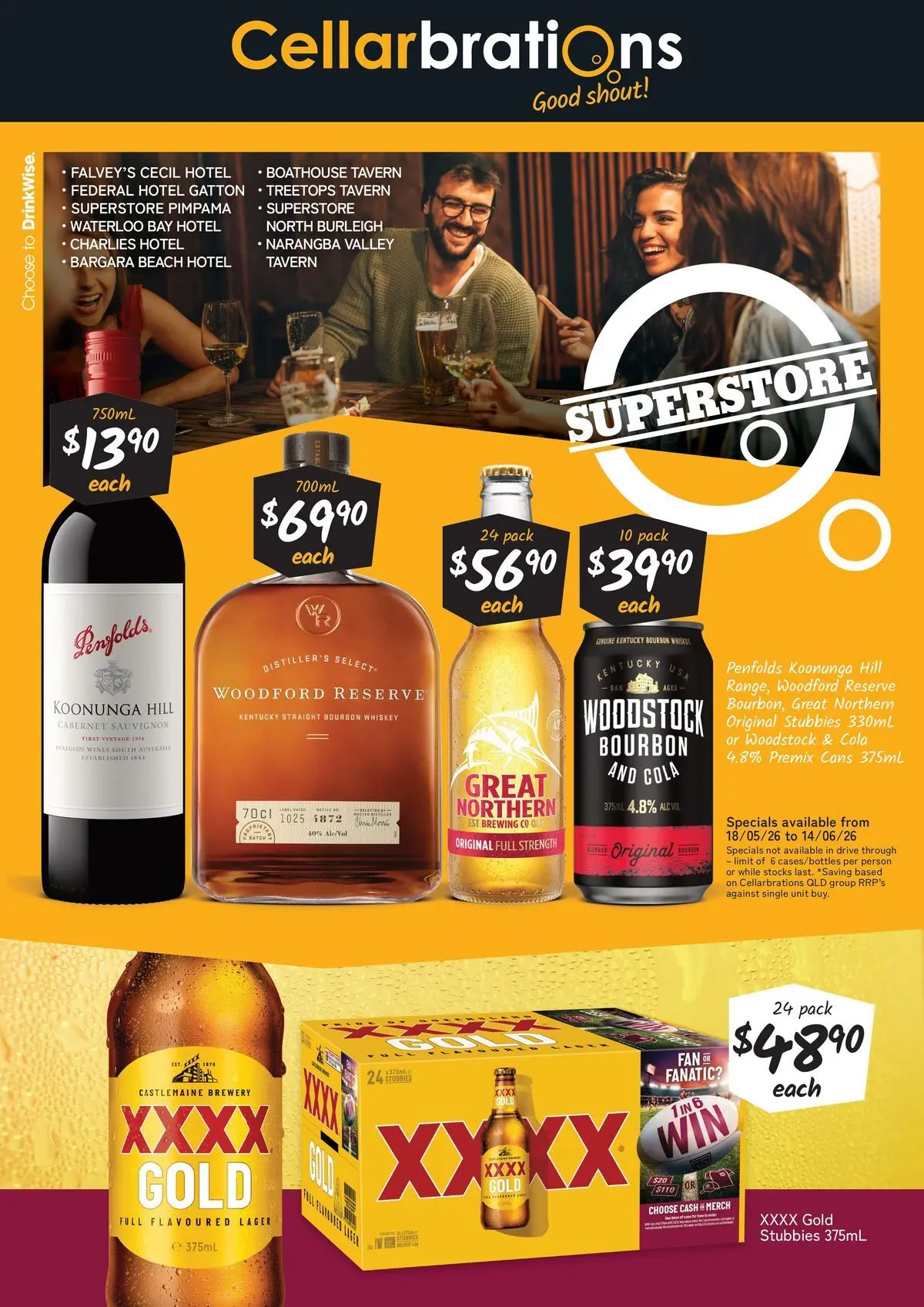Cellarbrations - Good Shout! QLD SS 18/05 - 17/05/2026 > weekly / monthly specials | Page: 1 | Products: Bourbon, Whiskey, Fan