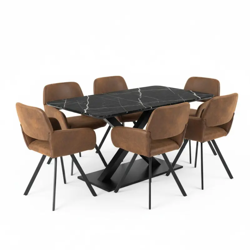 Tischgruppe 7-teilig Ausziehtisch Schwarz Marmoroptik & 6x 360&deg; Drehst&uuml;hle in Vintage Braun