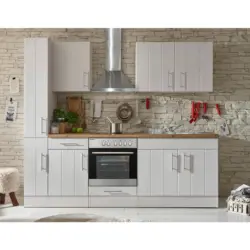 K&uuml;chenblock Premium K&uuml;chenzeile 240 cm in Wei&szlig;, L&auml;rchefarben