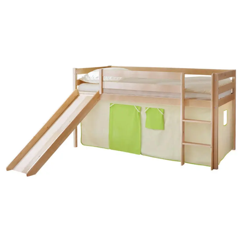 Spielbett Absturzsicherung, Leiter, Rutsche, Vorhang 90/200 cm in Gr&uuml;n, Kieferfarben, Beige