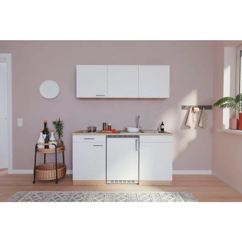 Minik&uuml;che 150 cm in Wei&szlig;, Eichefarben