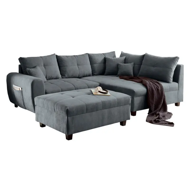 Ecksofa inkl. Hocker in Mikrovelours Anthrazit 248/176 cm