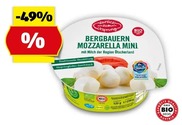ZUR&Uuml;CK ZUM URSPRUNG Bio-Bergbauern Mozzarella mini, 125 g