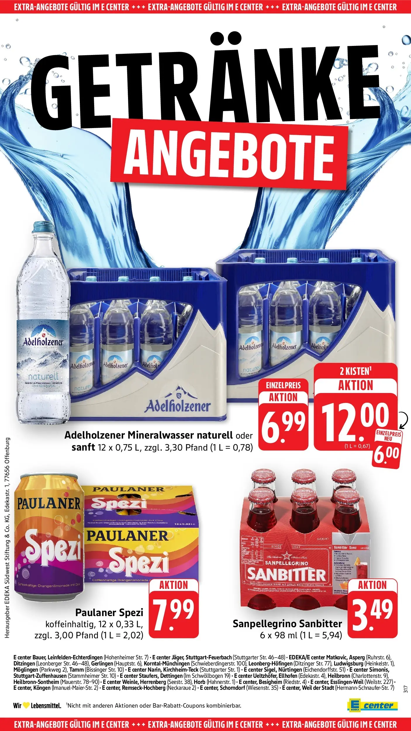 E center Prospekt Dettingen (ab 17.05.2026) zum Blättern | Seite: 56 | Produkte: Paulaner spezi, Adelholzener, Mineralwasser, Paulaner E center Prospekt Dettingen (ab 17.05.2026) zum Blättern | Seite: 56 | Produkte: Paulaner spezi, Adelholzener, Mineralwasser, Paulaner
