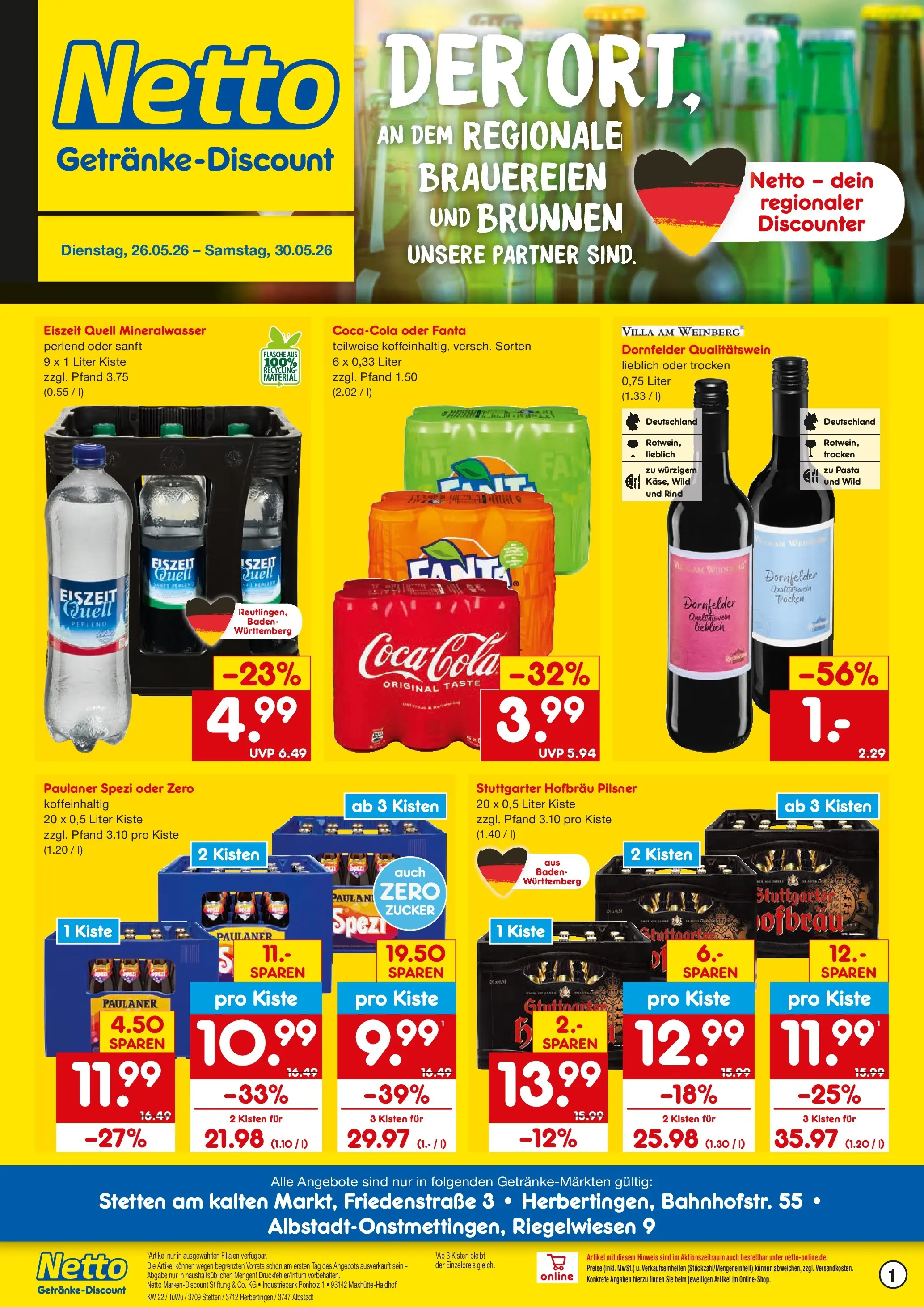 Netto Marken-Discount Prospekt Stetten Am Kalten Markt (ab 26.05.2026) » Angebote | Seite: 1 | Produkte: Fanta, Mineralwasser, Zucker, Pasta
