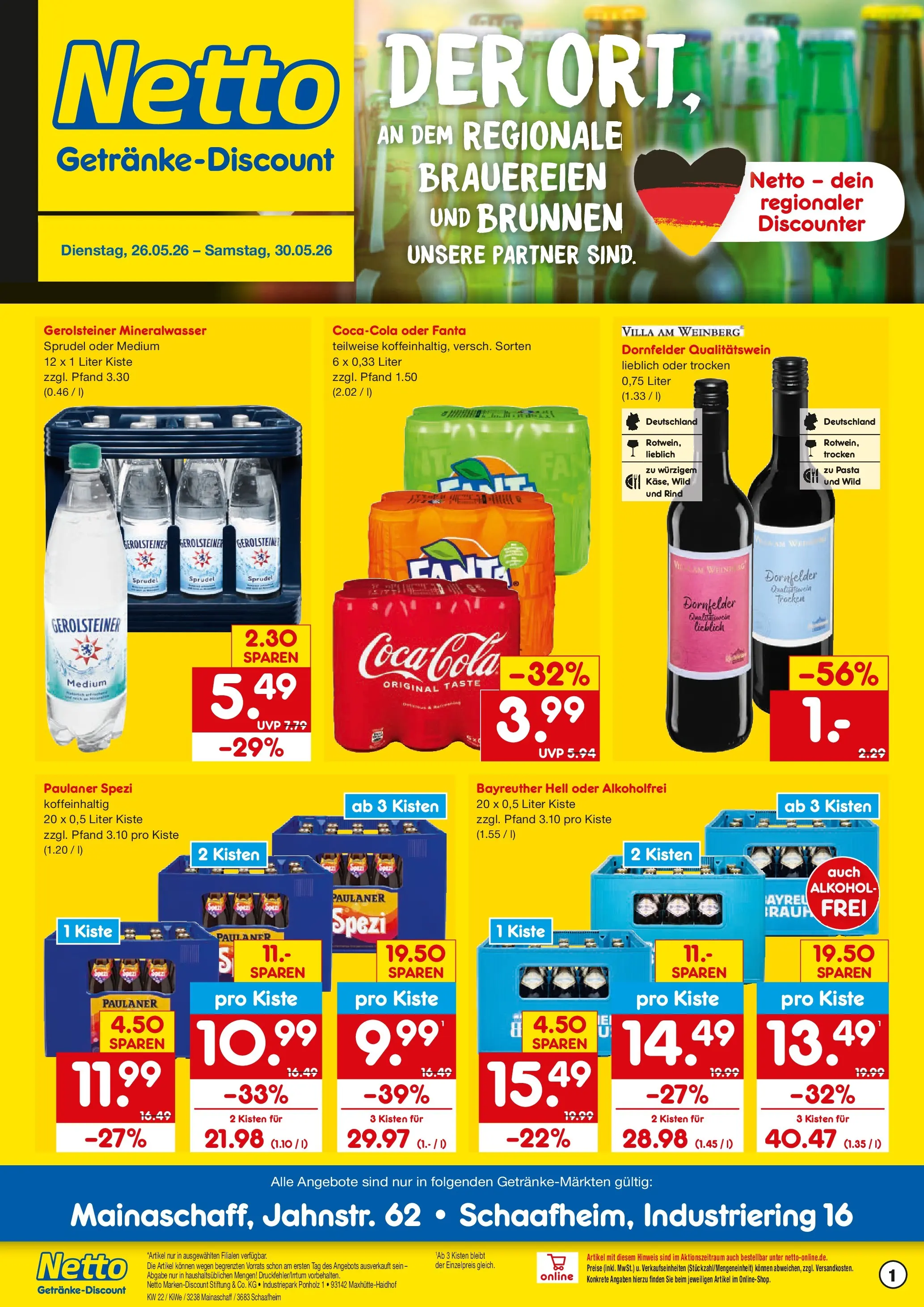 Netto Marken-Discount Prospekt Mainaschaff (ab 26.05.2026) » Angebote | Seite: 1 | Produkte: Bayreuther hell, Fanta, Mineralwasser, Gerolsteiner