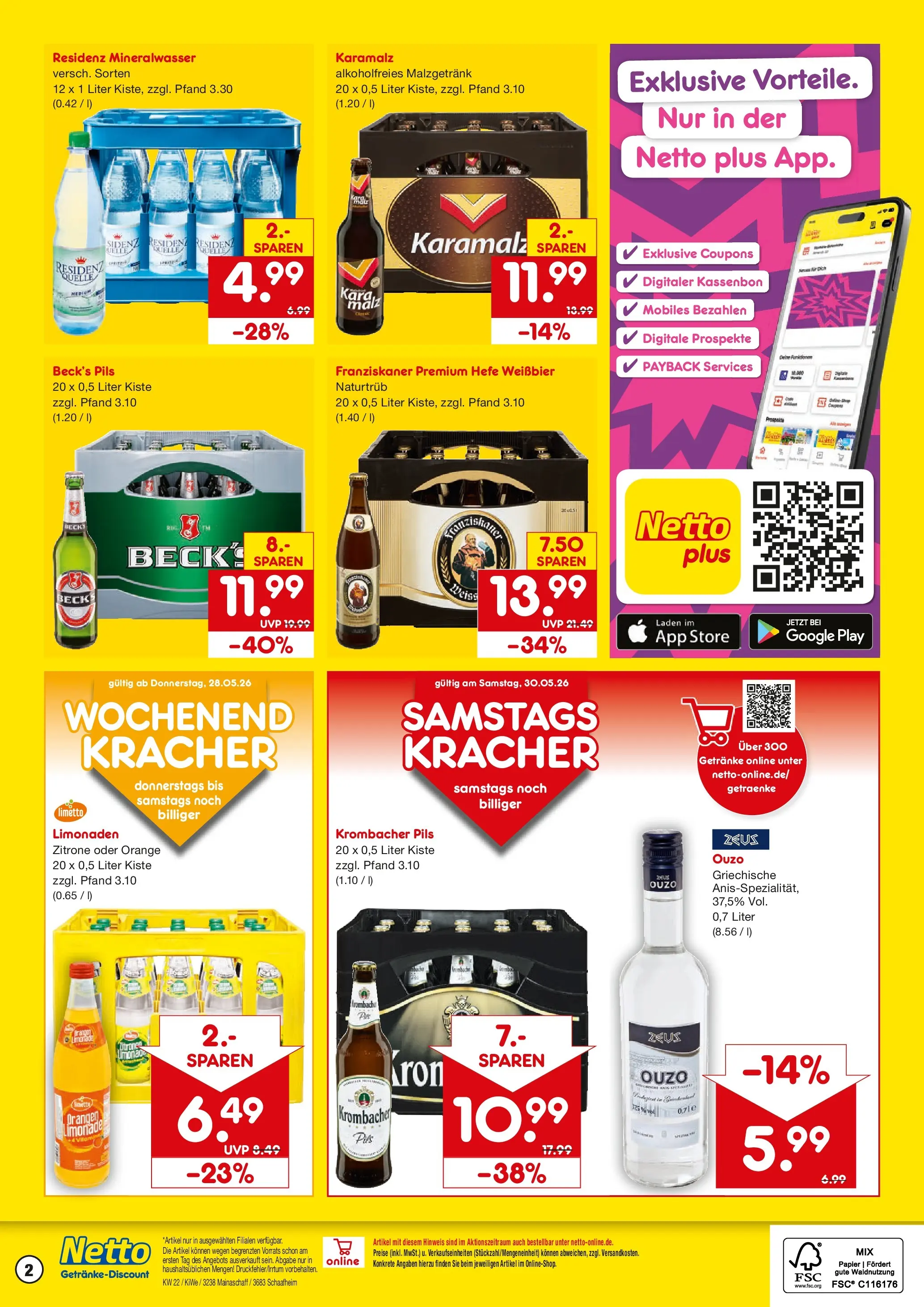 Netto Marken-Discount Prospekt Mainaschaff (ab 26.05.2026) » Angebote | Seite: 2 | Produkte: Ouzo, Weißbier, Krombacher, Zitronen