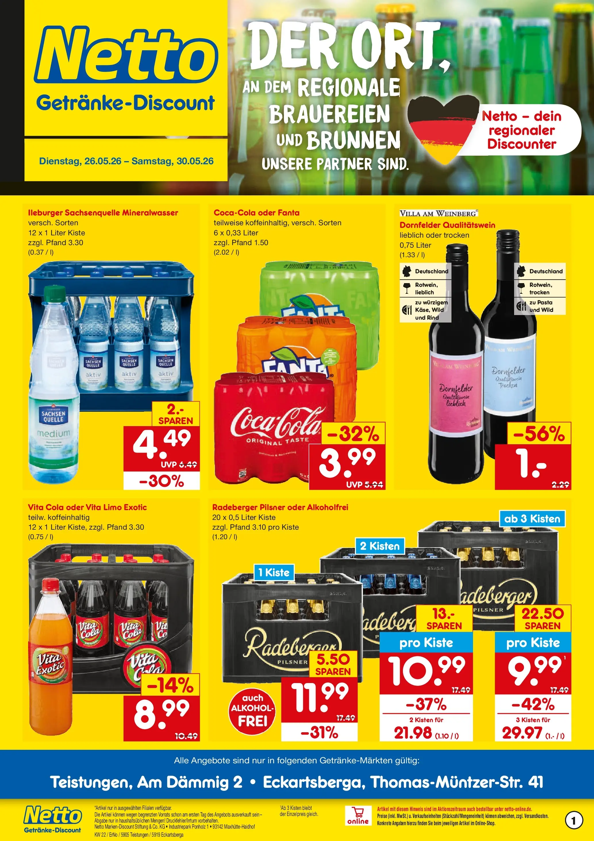 Netto Marken-Discount Prospekt Teistungen (ab 26.05.2026) » Angebote | Seite: 1 | Produkte: Fanta, Mineralwasser, Vita cola, Radeberger pilsner