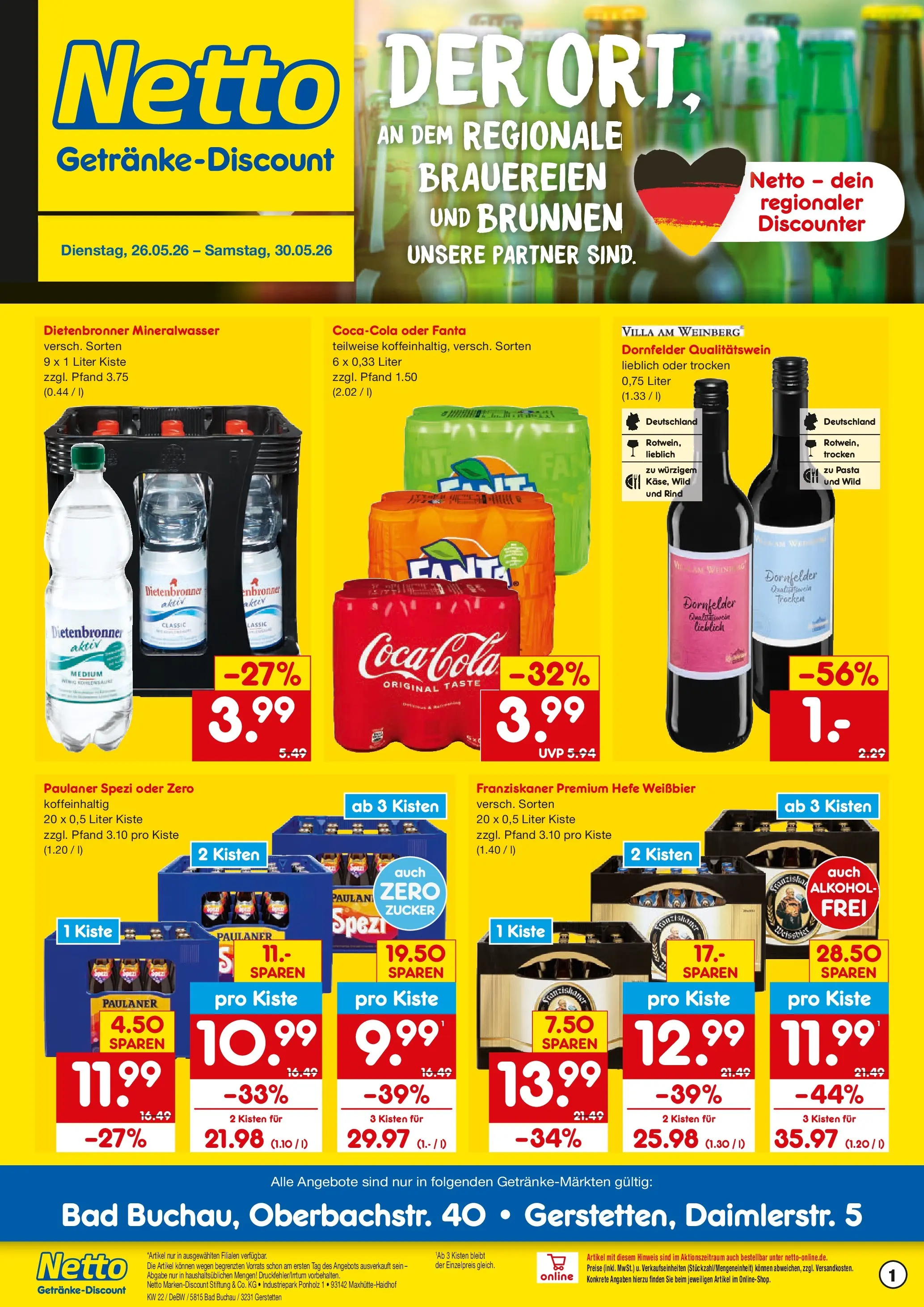 Netto Marken-Discount Prospekt Gerstetten (ab 26.05.2026) » Angebote | Seite: 1 | Produkte: Weißbier, Paulaner spezi, Bad, Paulaner