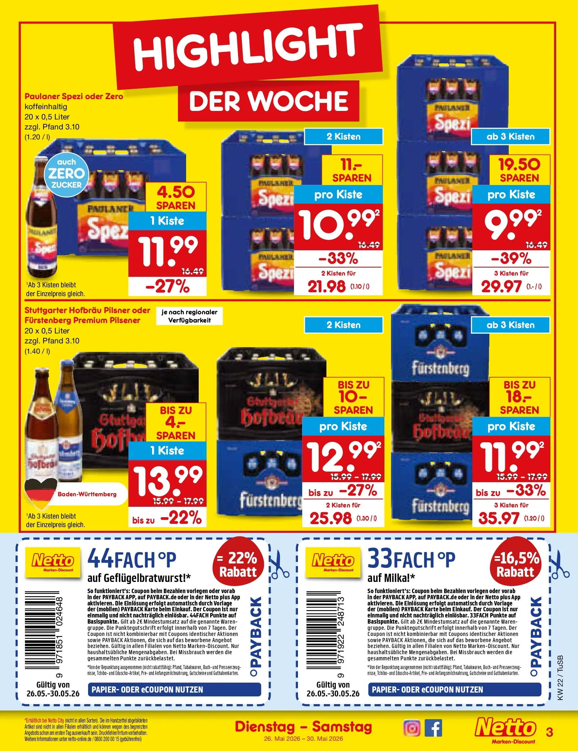 Netto Marken-Discount Prospekt Lahr-Langenwinkel (ab 26.05.2026) » Angebote | Seite: 3 | Produkte: Paulaner spezi, Milka, Zucker, Paulaner