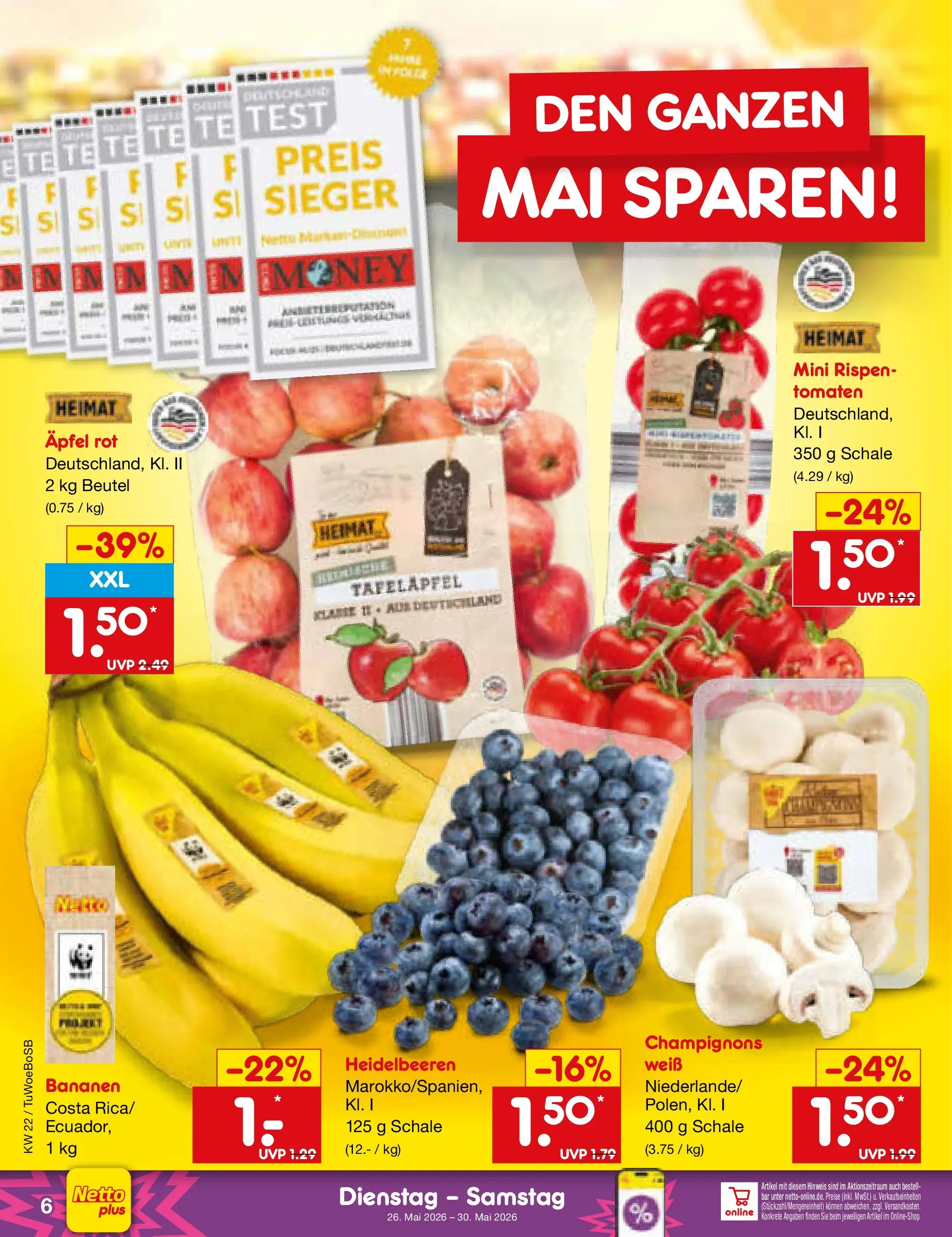 Netto Marken-Discount Prospekt Lahr-Langenwinkel (ab 26.05.2026) » Angebote | Seite: 8 | Produkte: Bananen, Tomaten, Heidelbeeren, Champignons