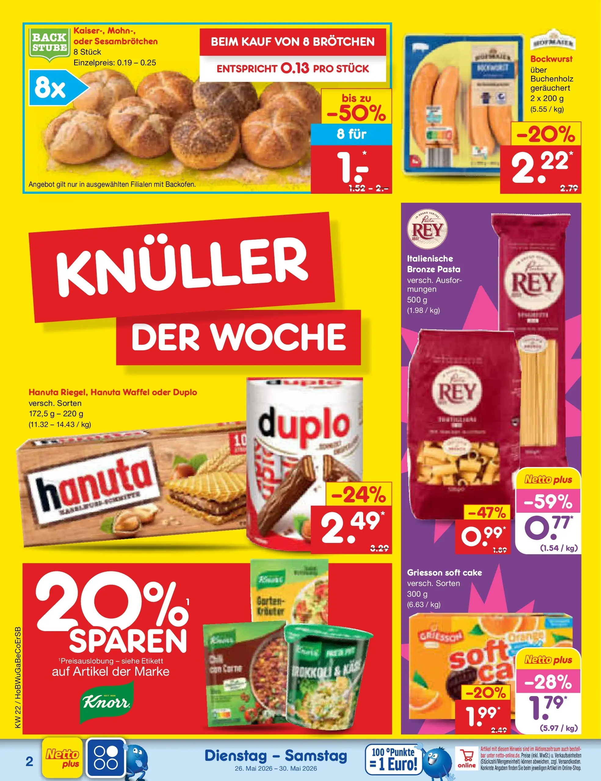 Netto Marken-Discount Prospekt Nordhausen (ab 26.05.2026) » Angebote | Seite: 2 | Produkte: Bockwurst, Brokkoli, Pasta
