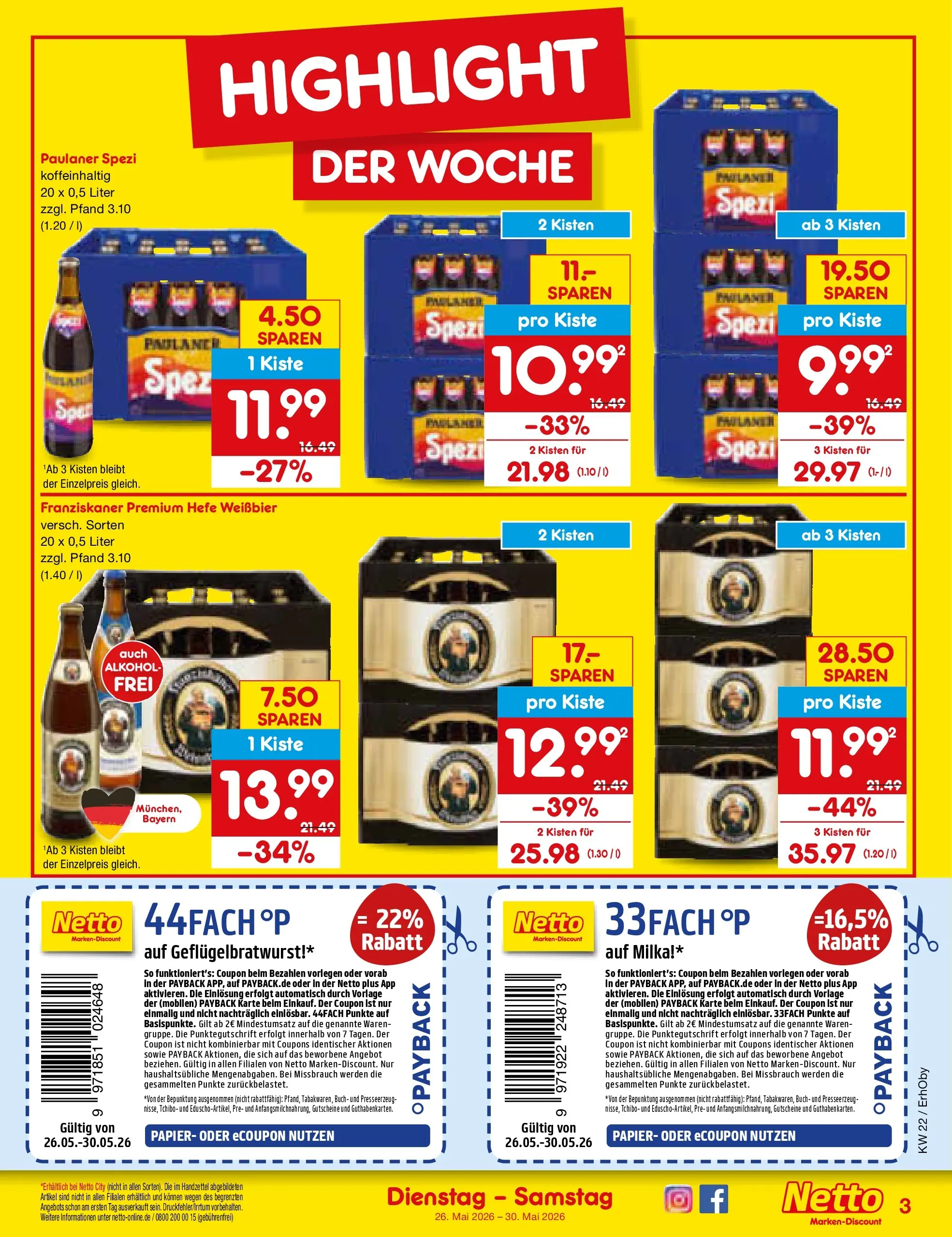 Netto Marken-Discount Prospekt Mauern (ab 26.05.2026) » Angebote | Seite: 3 | Produkte: Weißbier, Paulaner spezi, Hefe weissbier, Paulaner
