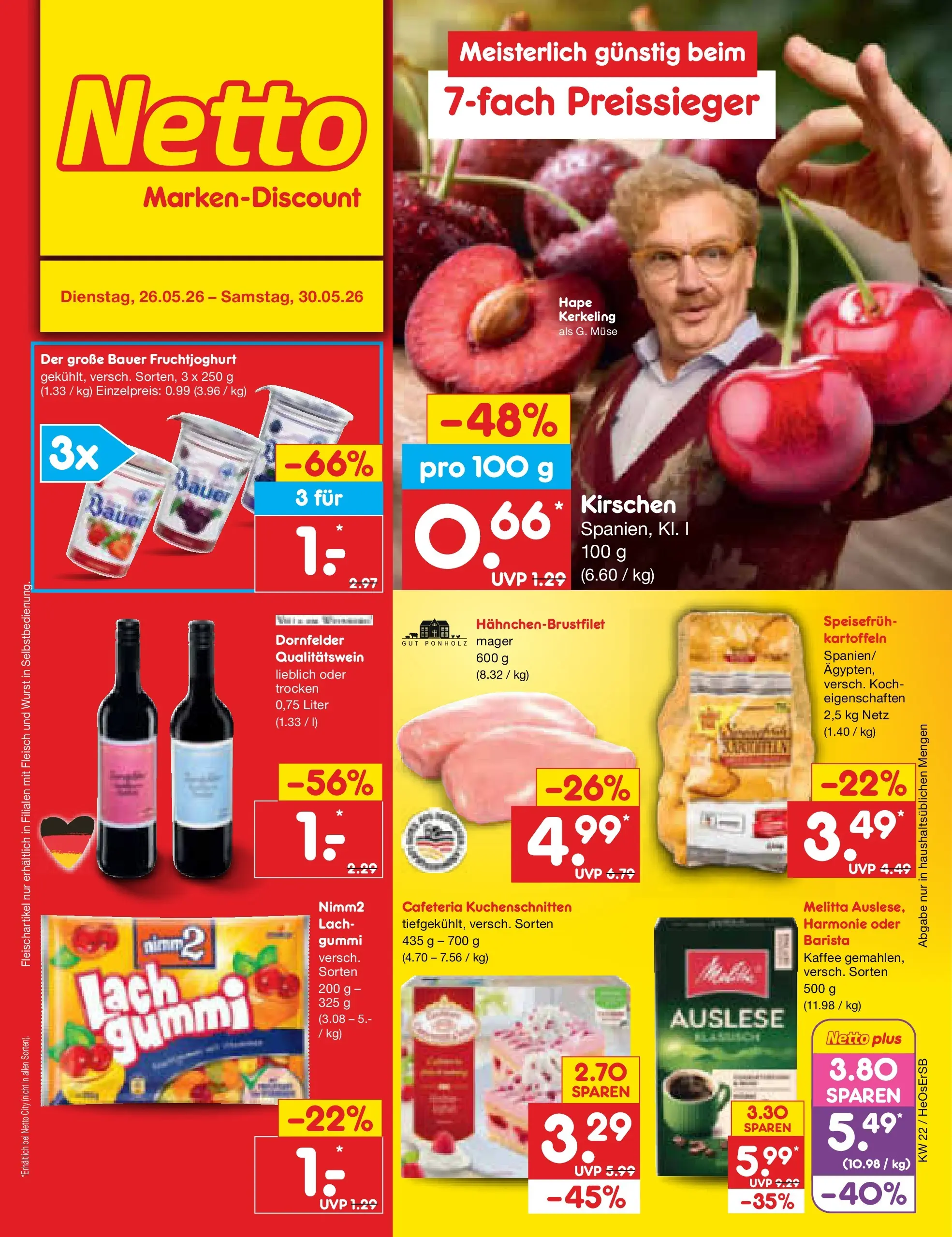 Netto Marken-Discount Prospekt Nordhausen (ab 26.05.2026) » Angebote | Seite: 1 | Produkte: Fruchtjoghurt, Kirschen, Wurst, Fleisch