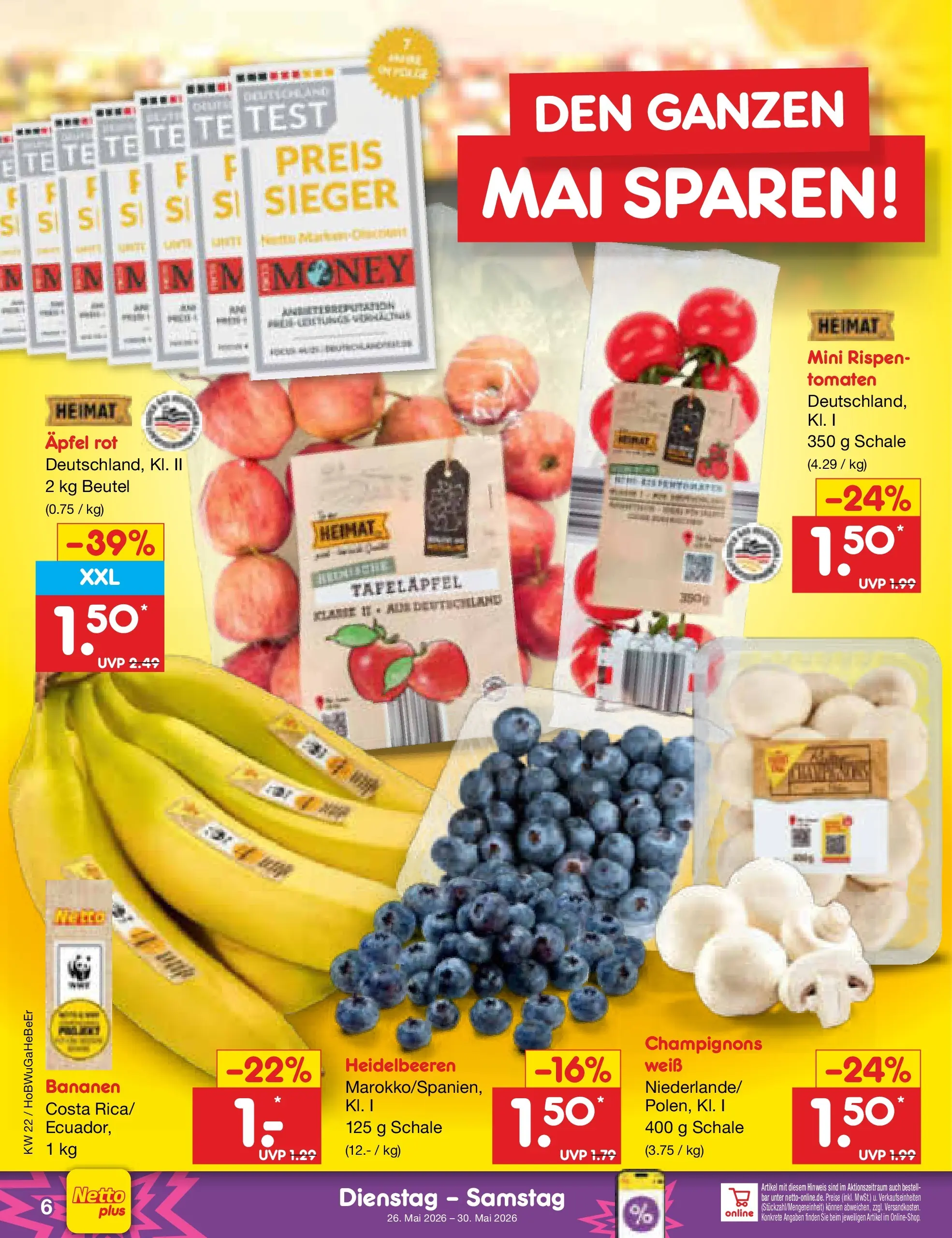 Netto Marken-Discount Prospekt Nordhausen (ab 26.05.2026) » Angebote | Seite: 8 | Produkte: Äpfel, Bananen, Tomaten, Champignons