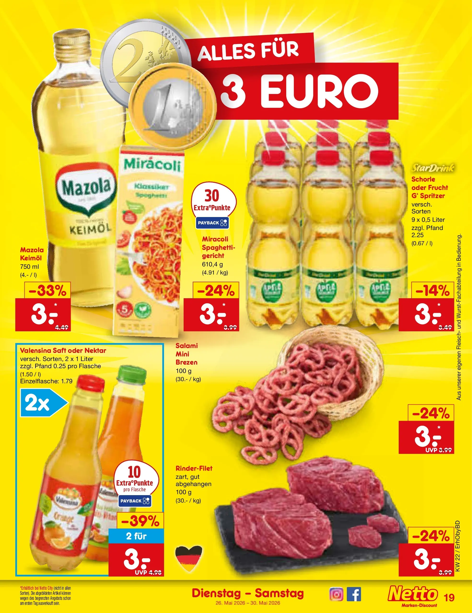 Netto Marken-Discount Prospekt Velden (ab 26.05.2026) » Angebote | Seite: 23 | Produkte: Rinderfilet, Valensina, Salami, Saft