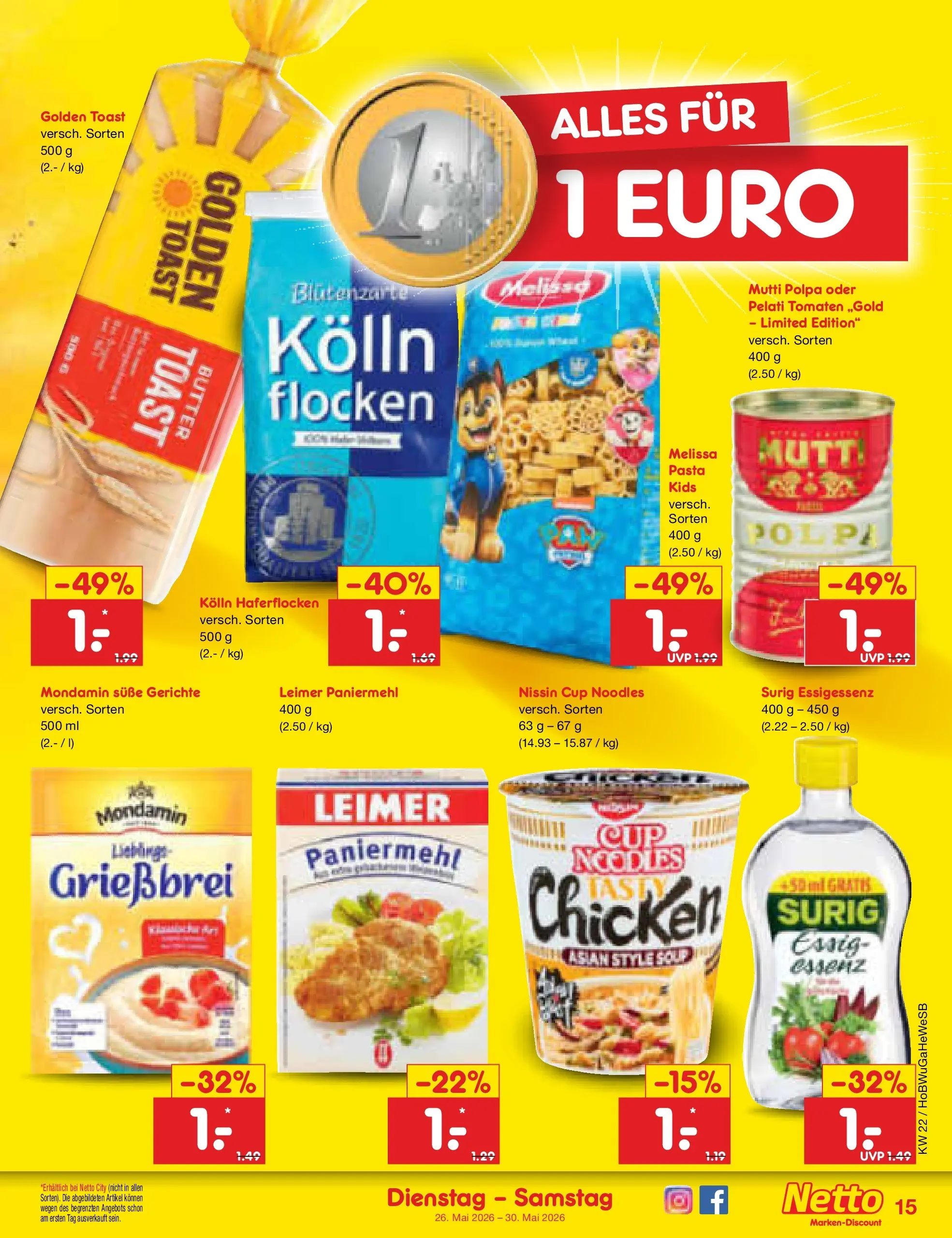 Netto Marken-Discount Prospekt Stemwede-Dielingen (ab 26.05.2026) » Angebote | Seite: 19 | Produkte: Kolln haferflocken, Toast, Essig, Tomaten