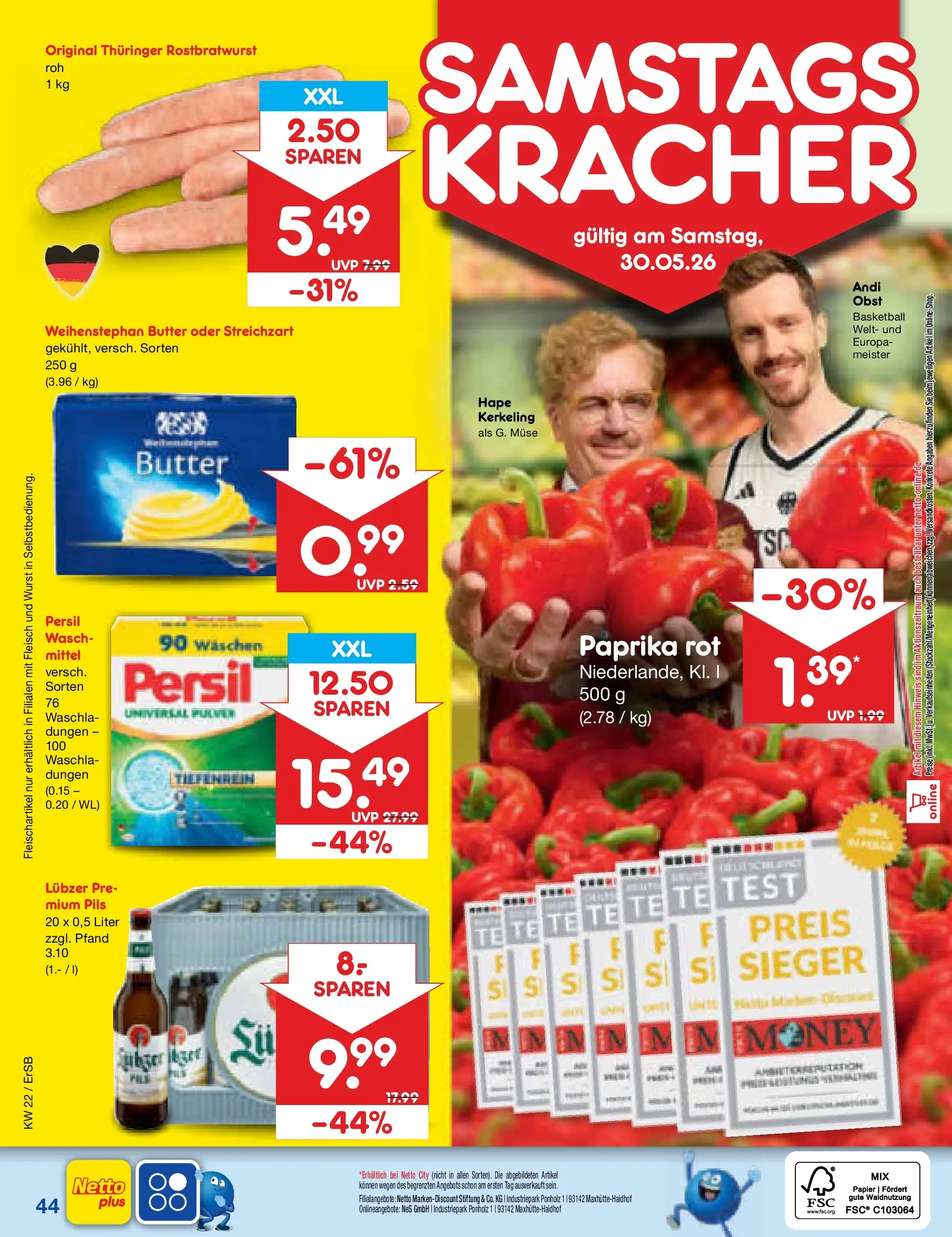 Netto Marken-Discount Prospekt Nordhausen (ab 26.05.2026) » Angebote | Seite: 52 | Produkte: Paprika rot, Weihenstephan butter, Basketball, Wurst