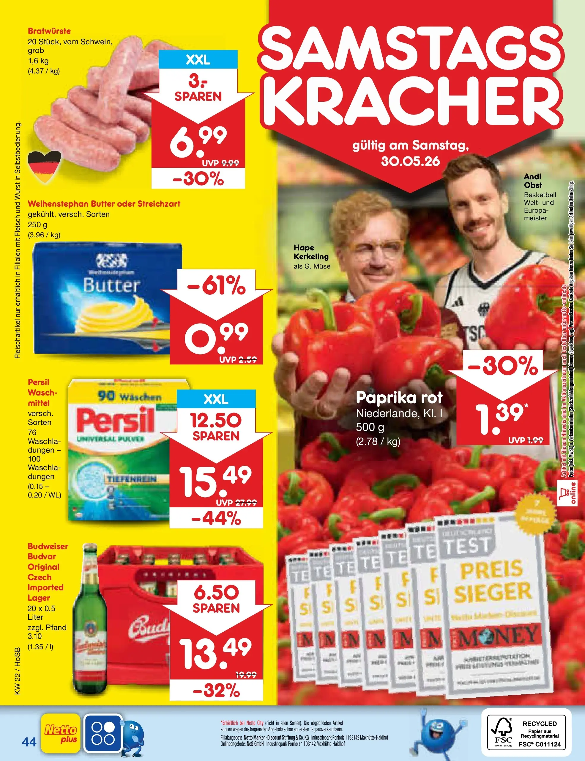 Netto Marken-Discount Prospekt Hannover (ab 26.05.2026) » Angebote | Seite: 52 | Produkte: Paprika rot, Basketball, Budweiser, Persil
