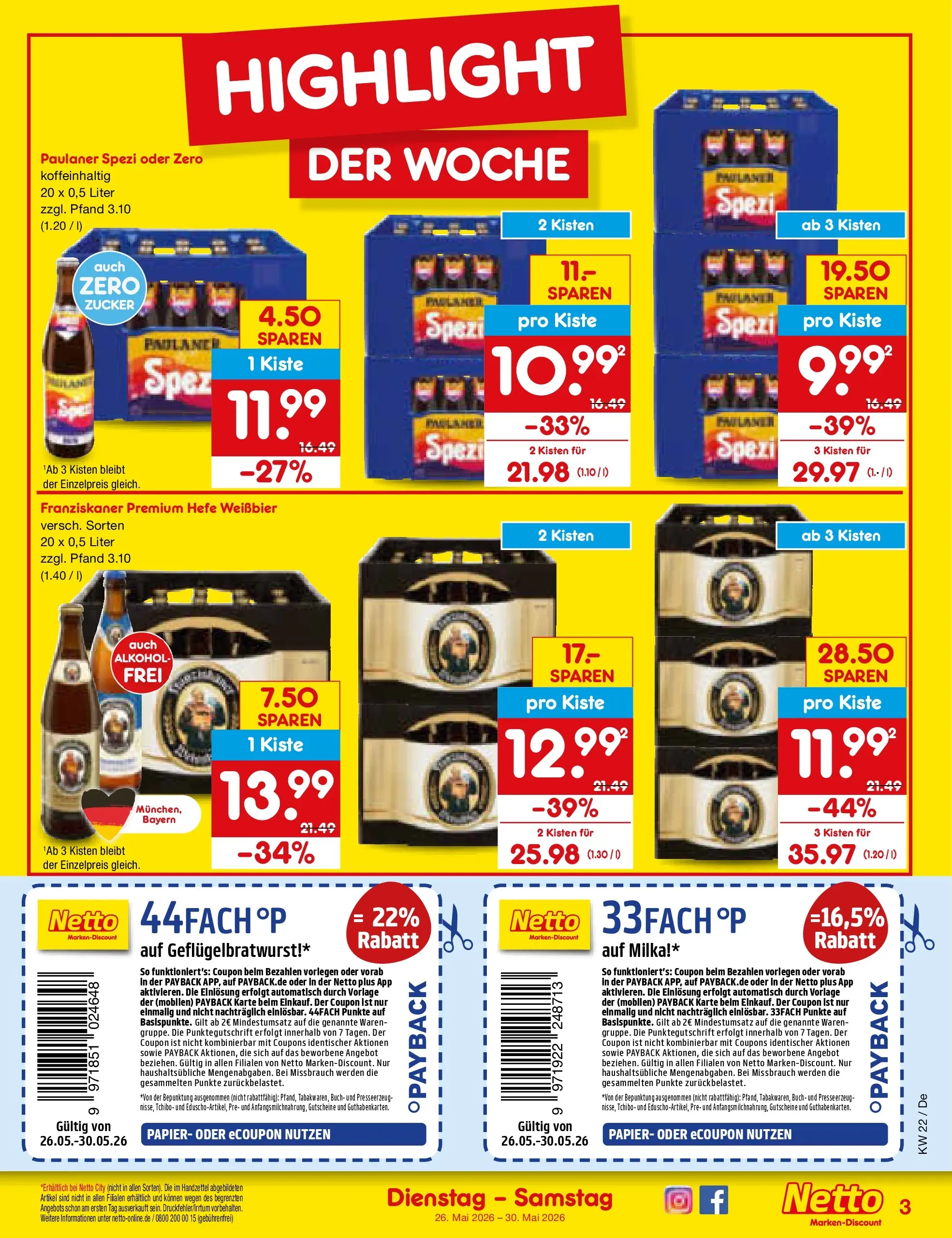 Netto Marken-Discount Prospekt Thierhaupten (ab 26.05.2026) » Angebote | Seite: 3 | Produkte: Franziskaner, Weißbier, Milka, Paulaner