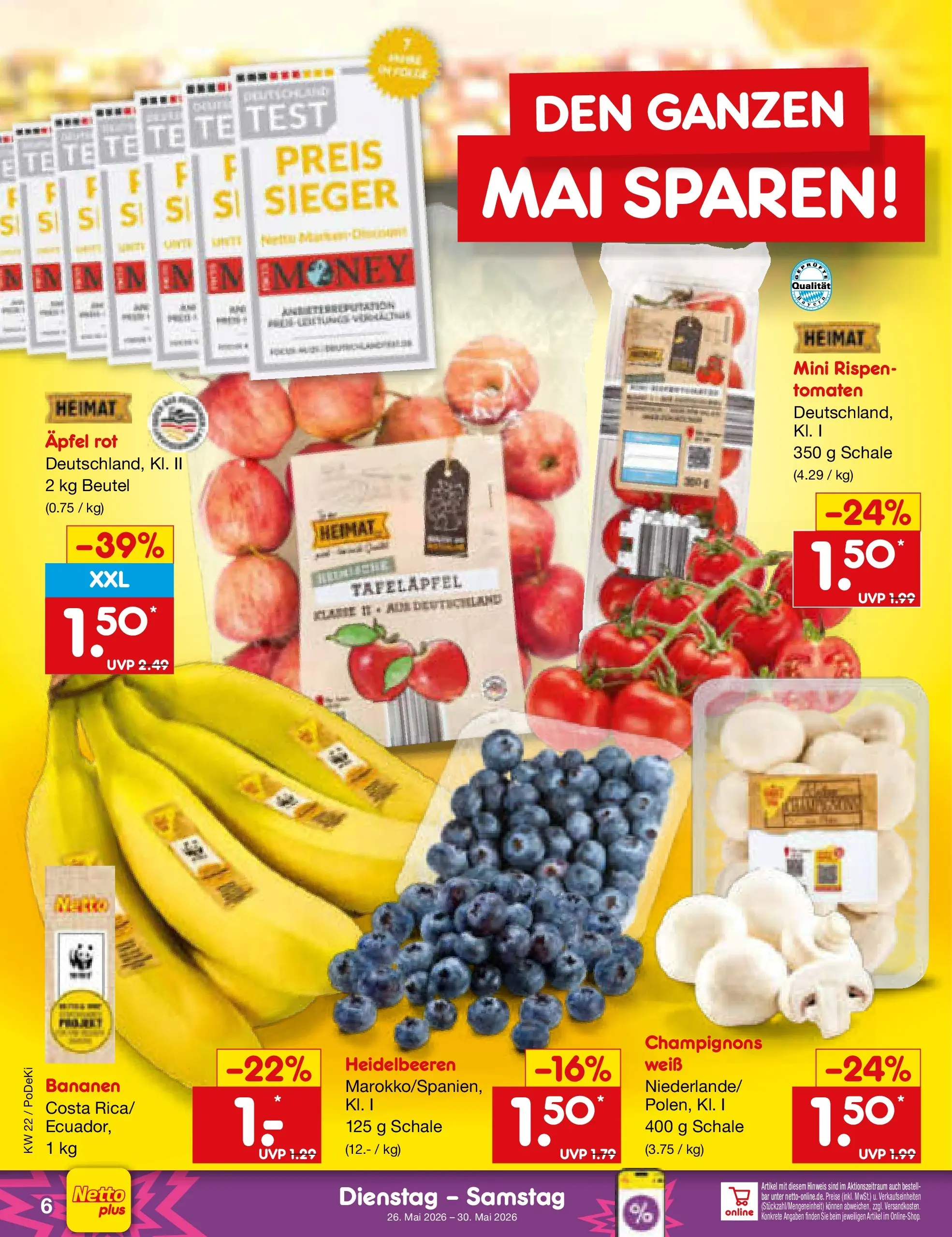 Netto Marken-Discount Prospekt Thierhaupten (ab 26.05.2026) » Angebote | Seite: 8 | Produkte: Bananen, Tomaten, Heidelbeeren, Champignons