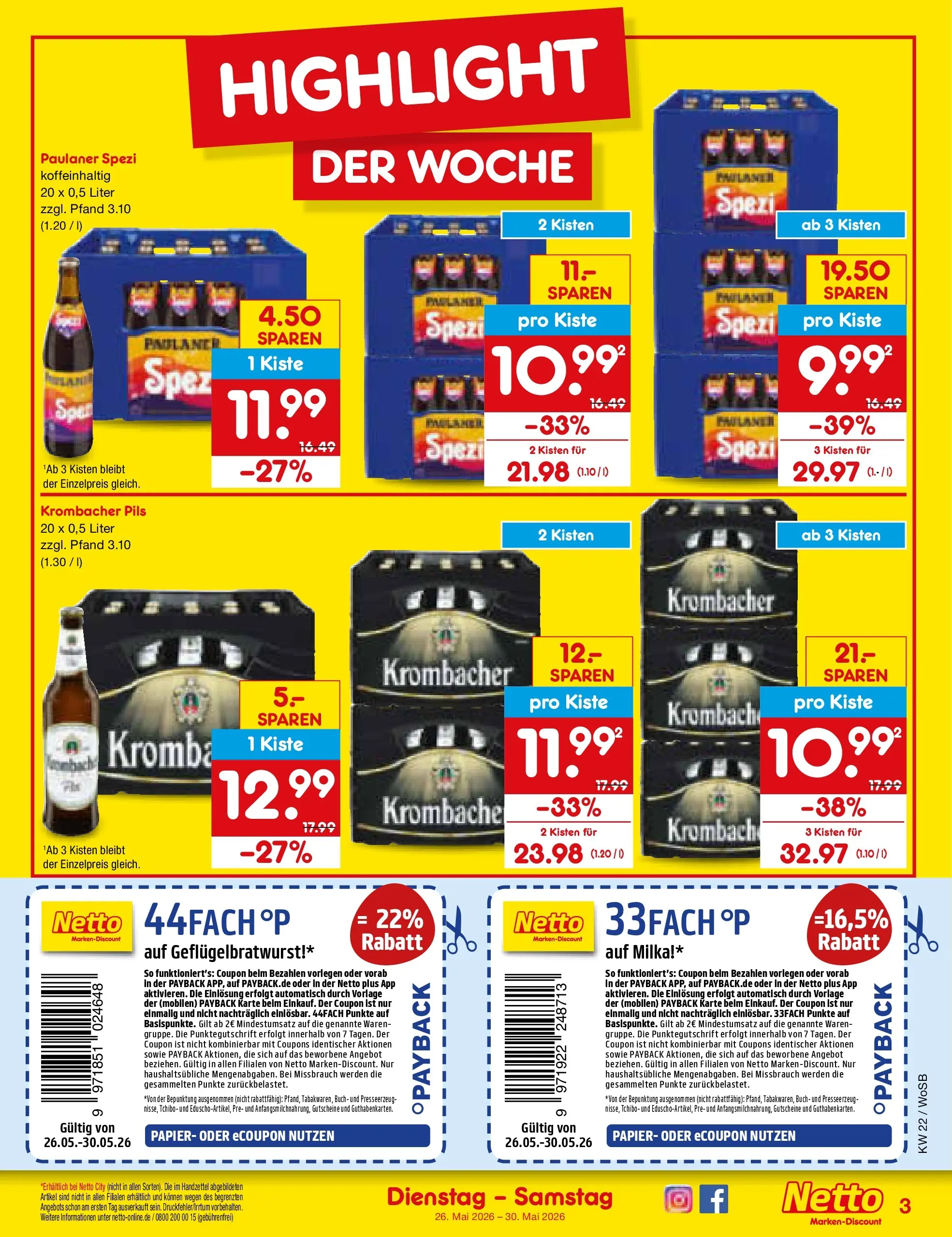 Netto Marken-Discount Prospekt Mannheim (ab 26.05.2026) » Angebote | Seite: 3 | Produkte: Paulaner spezi, Milka, Krombacher, Paulaner