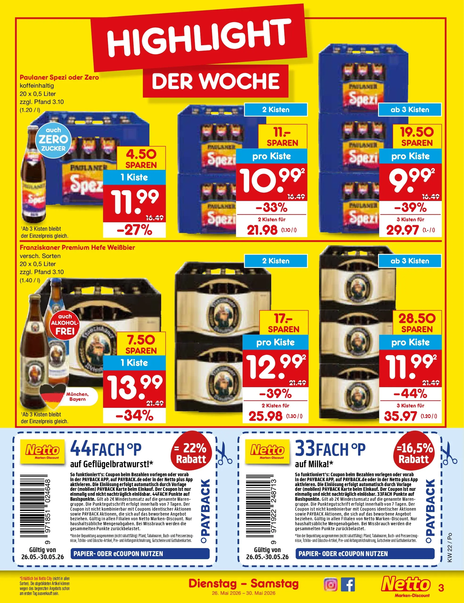 Netto Marken-Discount Prospekt Regensburg (ab 26.05.2026) » Angebote | Seite: 3 | Produkte: Milka, Hefe weissbier, Zucker, Paulaner