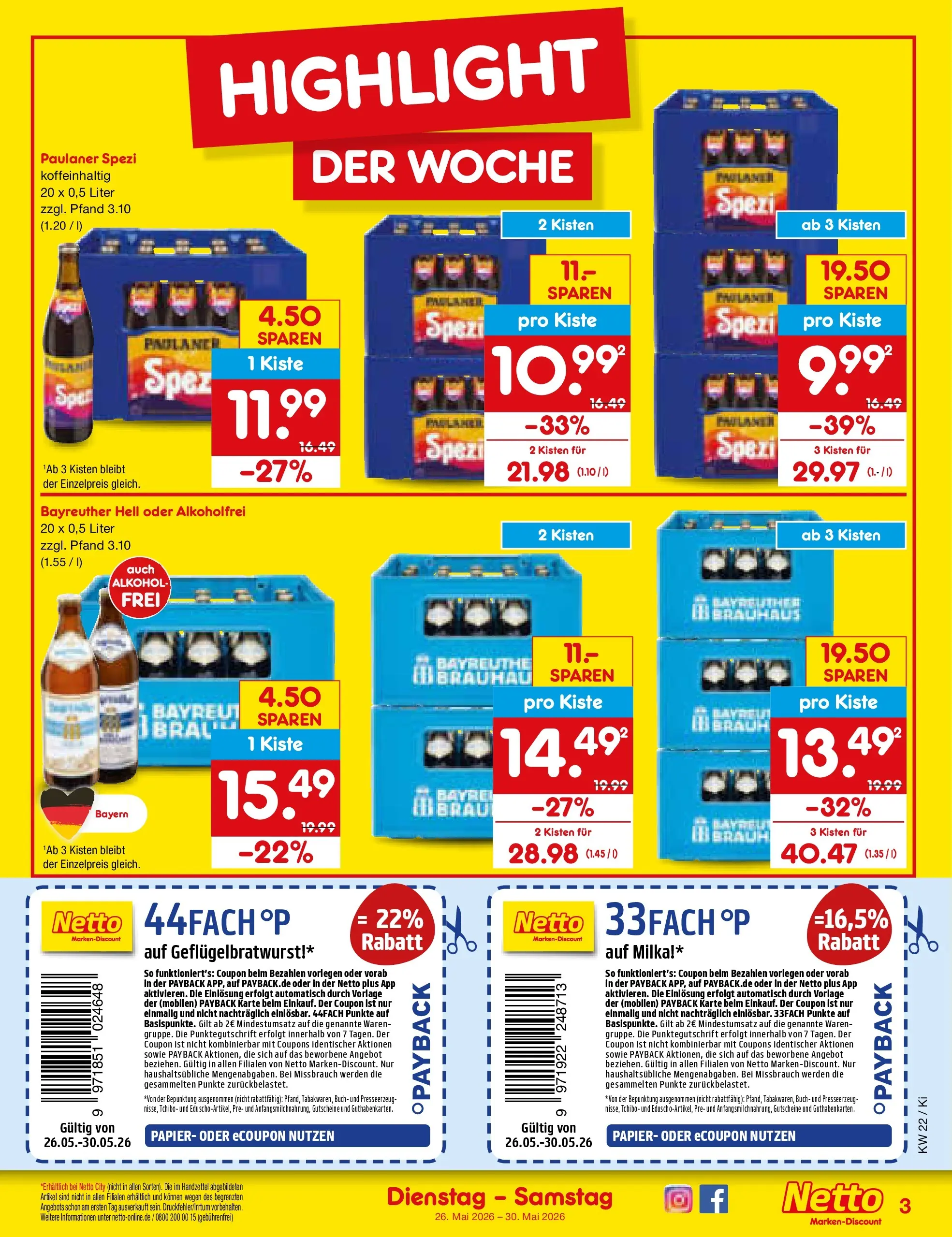 Netto Marken-Discount Prospekt Oberhaid (ab 26.05.2026) » Angebote | Seite: 3 | Produkte: Bayreuther hell, Paulaner spezi, Milka, Paulaner