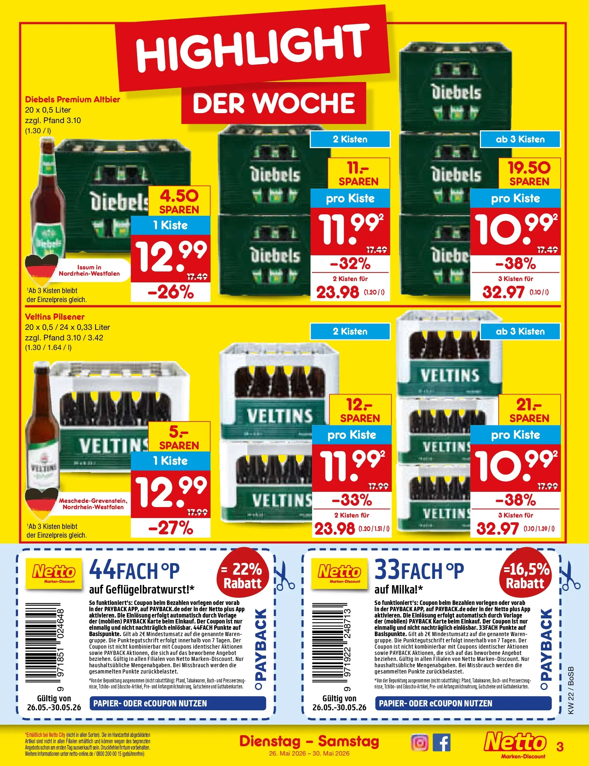 Netto Marken-Discount Prospekt Stadtlohn (ab 26.05.2026) » Angebote | Seite: 3 | Produkte: Milka, Diebels, Veltins