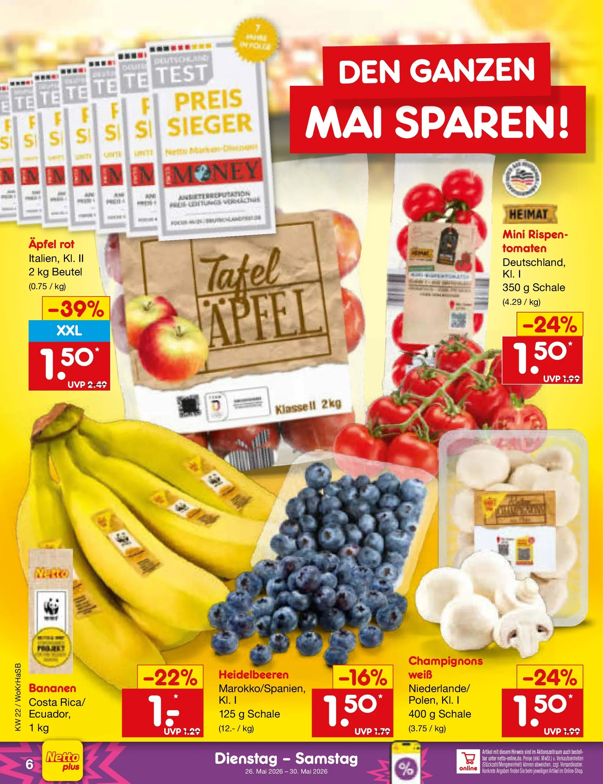 Netto Marken-Discount Prospekt Mannheim (ab 26.05.2026) » Angebote | Seite: 8 | Produkte: Äpfel, Tomaten, Heidelbeeren, Champignons