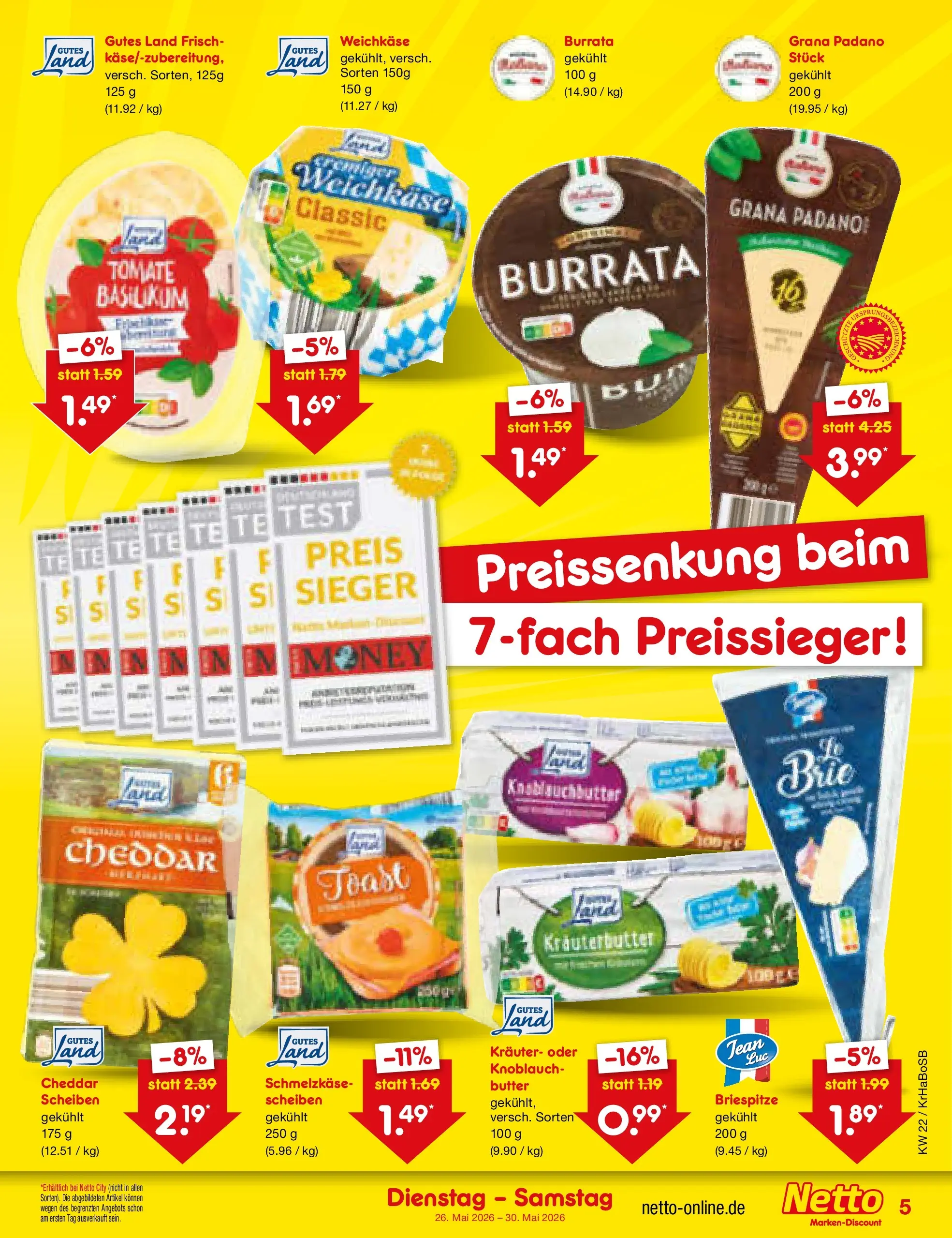Netto Marken-Discount Prospekt Wuppertal (ab 26.05.2026) » Angebote | Seite: 5 | Produkte: Butter, Toast, Kräuterbutter, Burrata