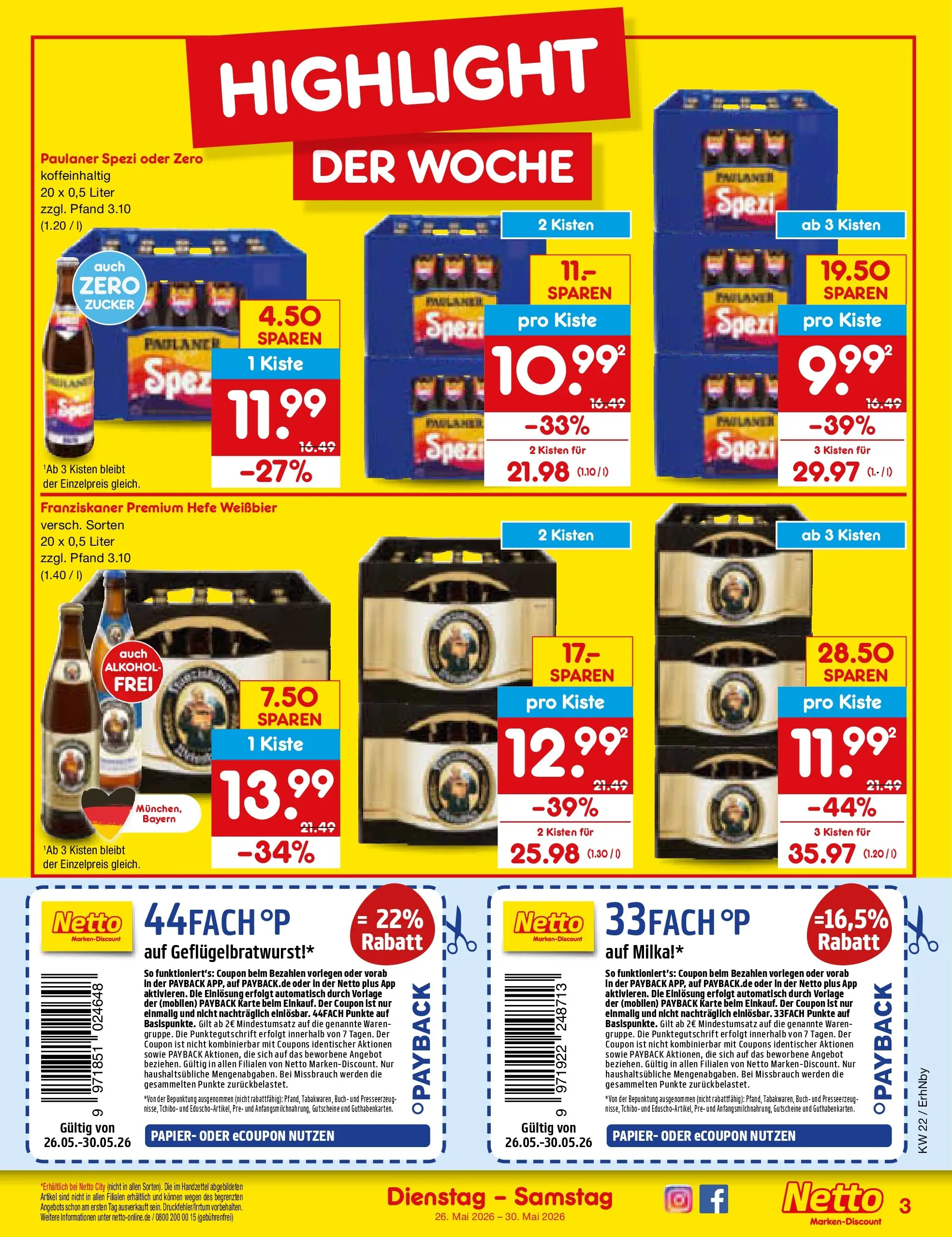 Netto Marken-Discount Prospekt Ergolding (ab 26.05.2026) » Angebote | Seite: 3 | Produkte: Weißbier, Paulaner spezi, Zucker, Paulaner