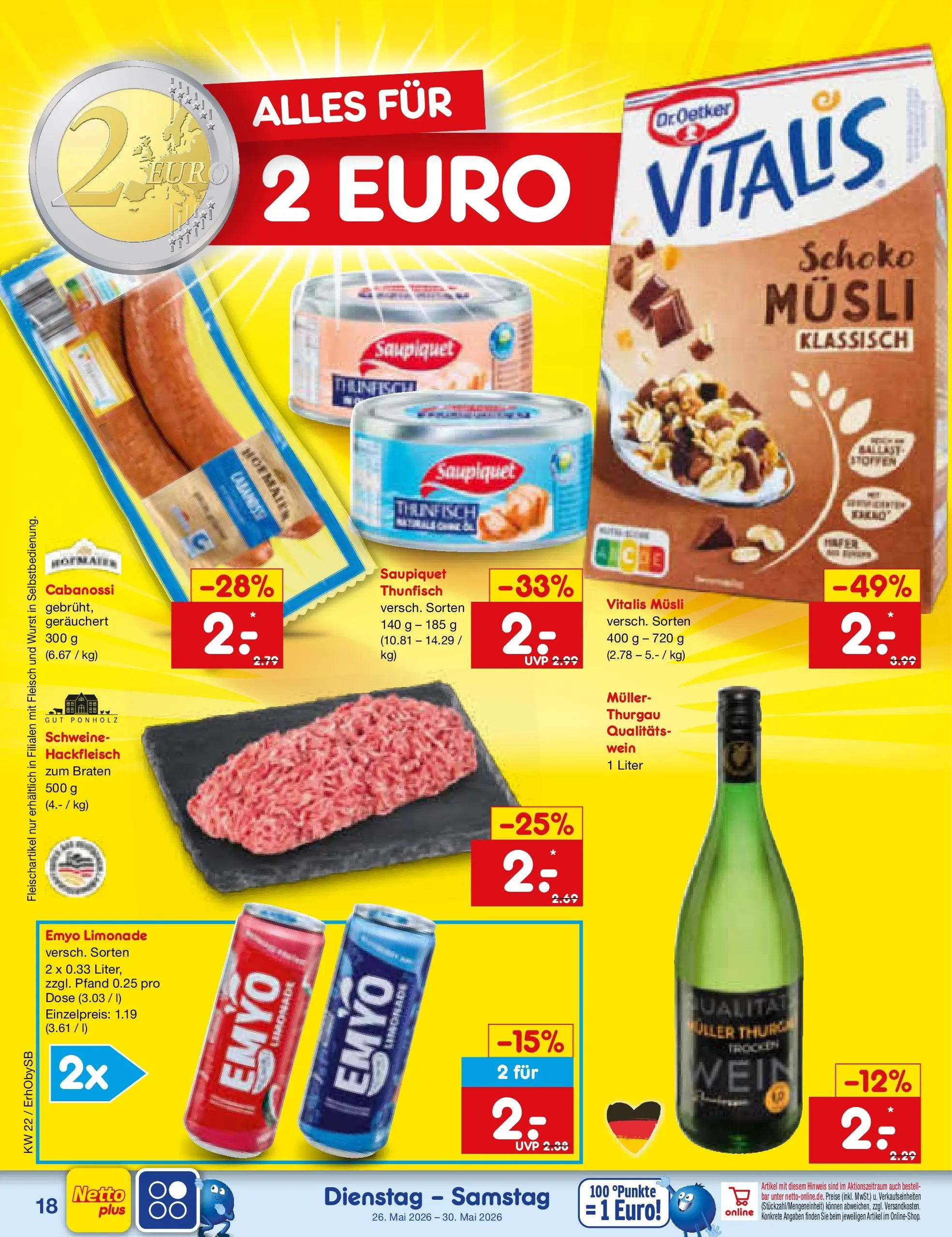 Netto Marken-Discount Prospekt Mauern (ab 26.05.2026) » Angebote | Seite: 22 | Produkte: Musli, Thunfisch, Limonade, Fleisch