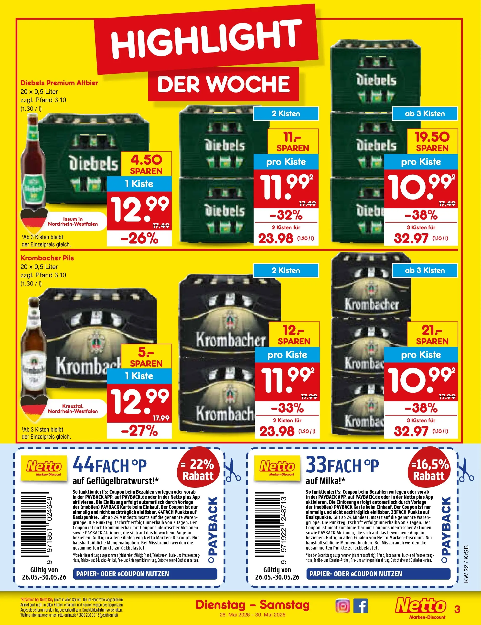Netto Marken-Discount Prospekt Jüchen (ab 26.05.2026) » Angebote | Seite: 3 | Produkte: Pils, Milka, Krombacher, Diebels