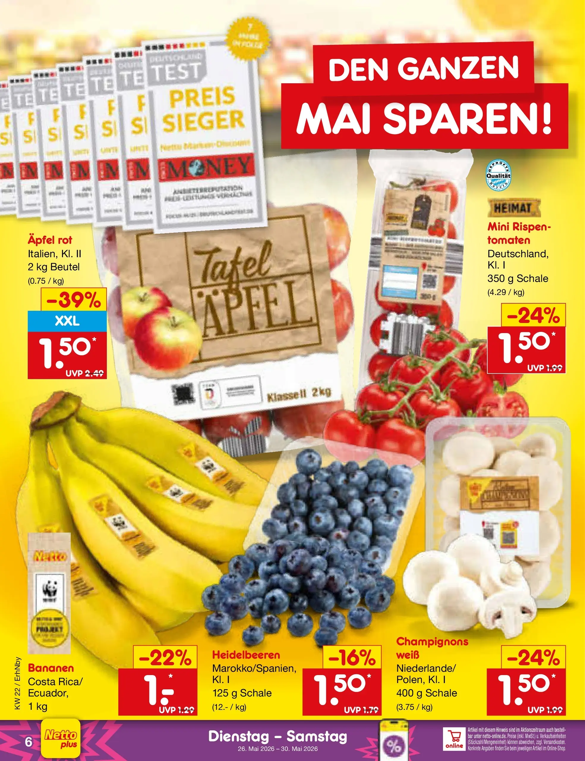 Netto Marken-Discount Prospekt Ergolding (ab 26.05.2026) » Angebote | Seite: 8 | Produkte: Äpfel, Tomaten, Heidelbeeren, Champignons