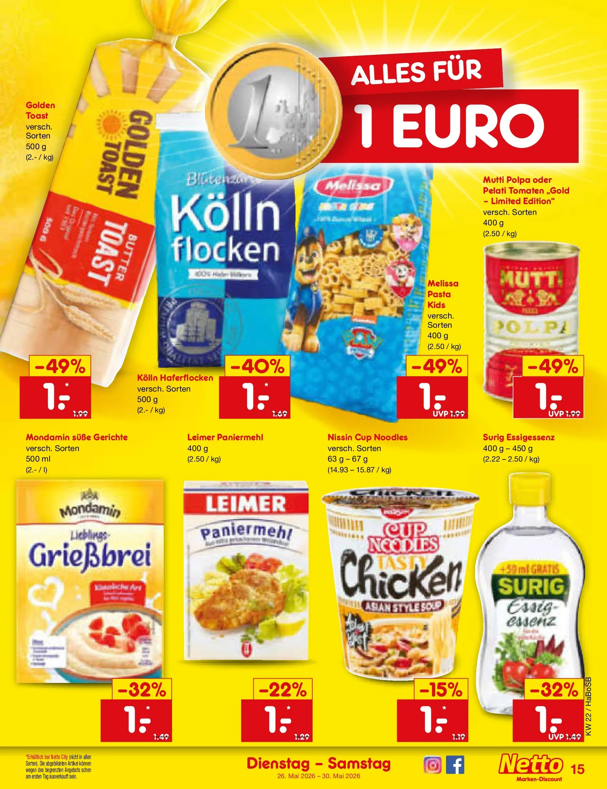 Netto Marken-Discount Prospekt Wuppertal (ab 26.05.2026) » Angebote | Seite: 19 | Produkte: Kolln, Butter, Pasta, Flocken