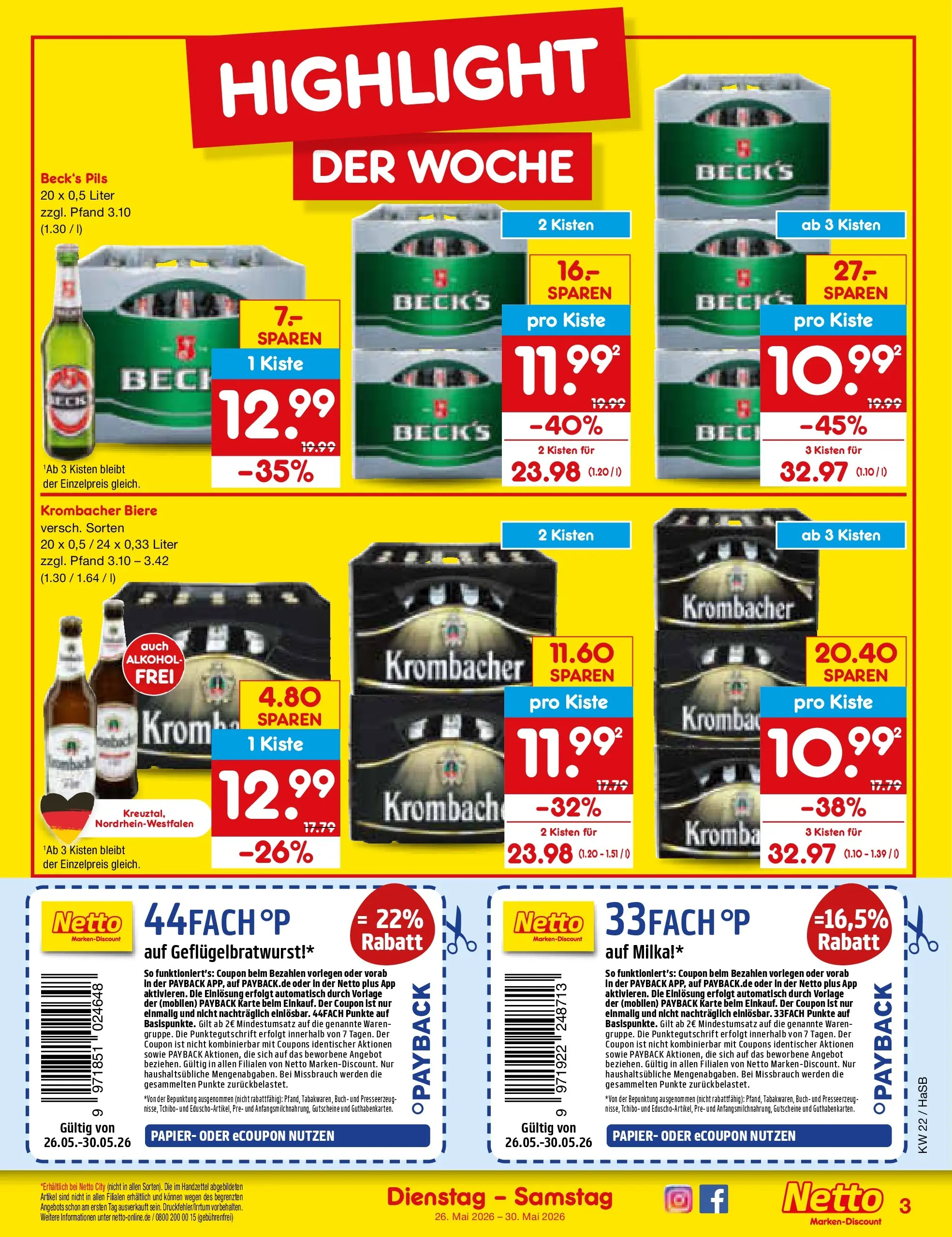 Netto Marken-Discount Prospekt Wuppertal (ab 26.05.2026) » Angebote | Seite: 3 | Produkte: Pils, Milka, Krombacher