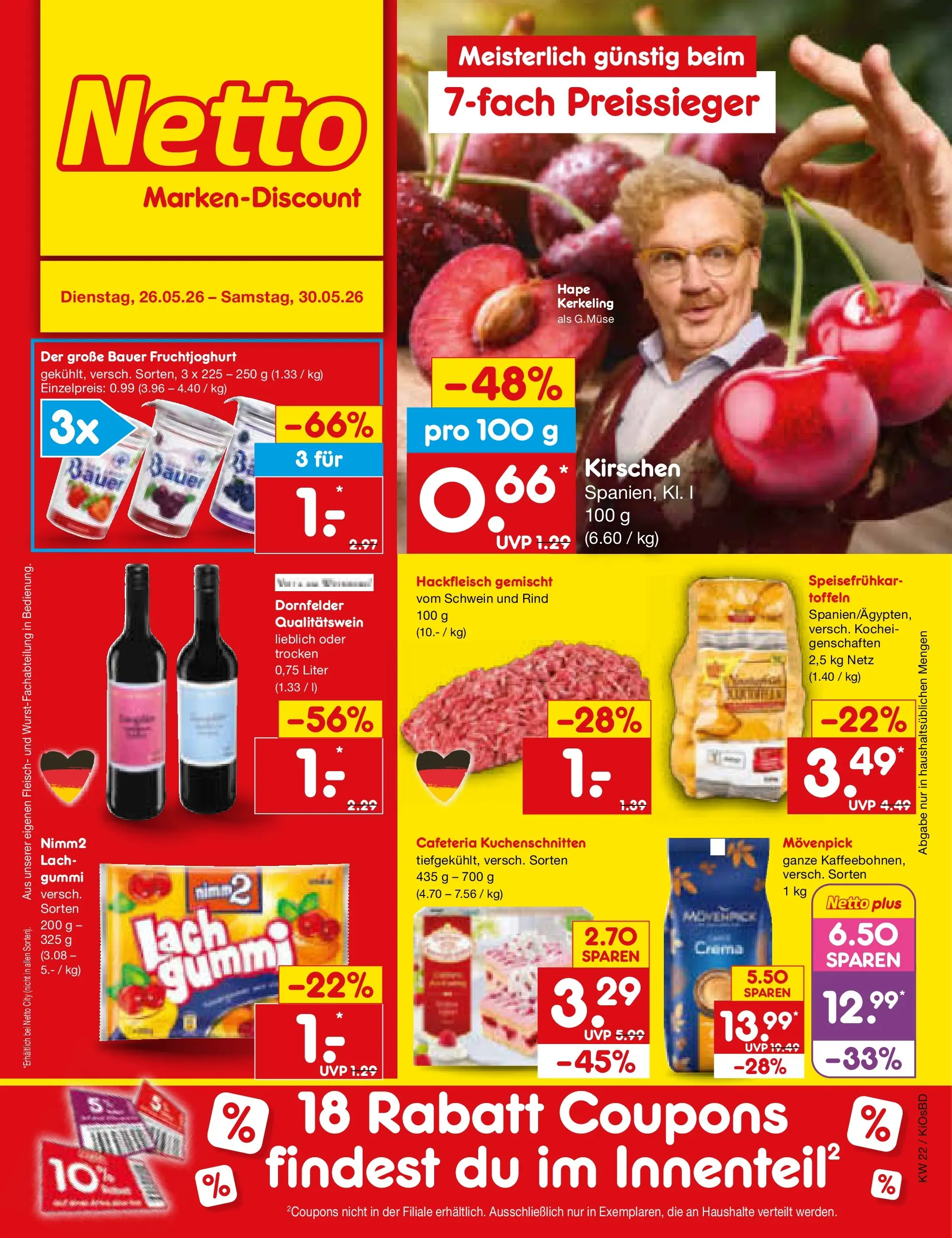 Netto Marken-Discount Prospekt Mistelbach (ab 26.05.2026) » Angebote | Seite: 1 | Produkte: Fruchtjoghurt, Kirschen, Fleisch, Hackfleisch