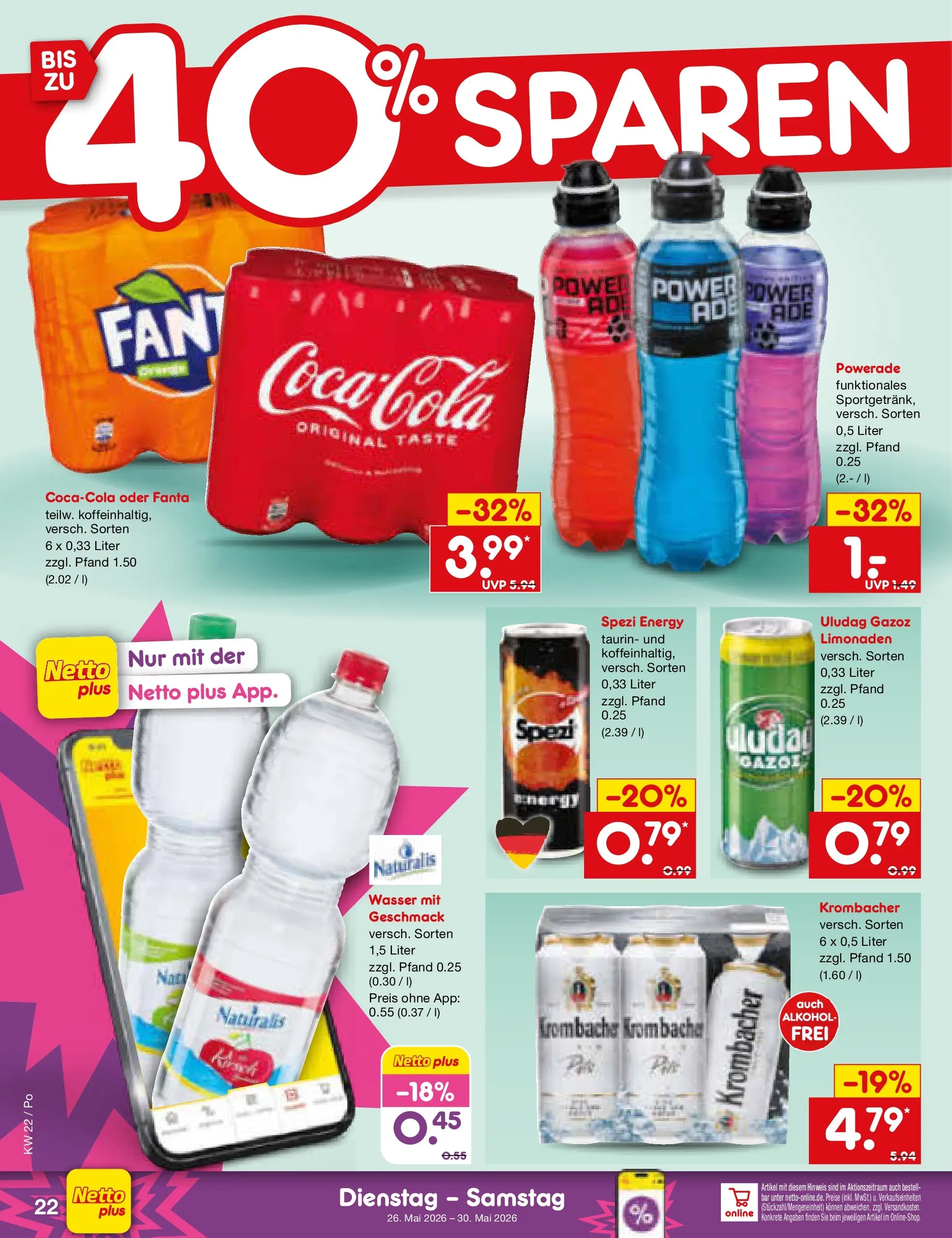 Netto Marken-Discount Prospekt Regensburg (ab 26.05.2026) » Angebote | Seite: 28 | Produkte: Cola, Wasser, Powerade, Krombacher