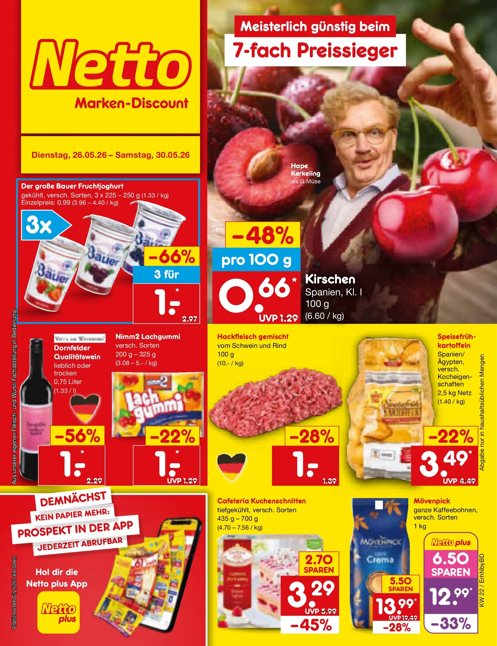 Netto Marken-Discount Prospekt Ergolding (ab 26.05.2026) » Angebote | Seite: 1 | Produkte: Fruchtjoghurt, Kirschen, Kartoffeln, Hackfleisch