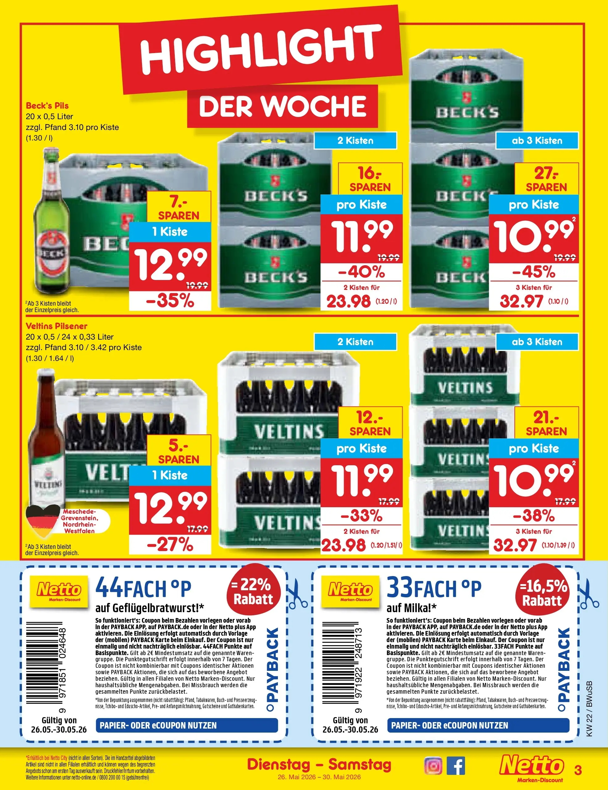 Netto Marken-Discount Prospekt Stemwede-Dielingen (ab 26.05.2026) » Angebote | Seite: 3 | Produkte: Pils, Milka, Veltins