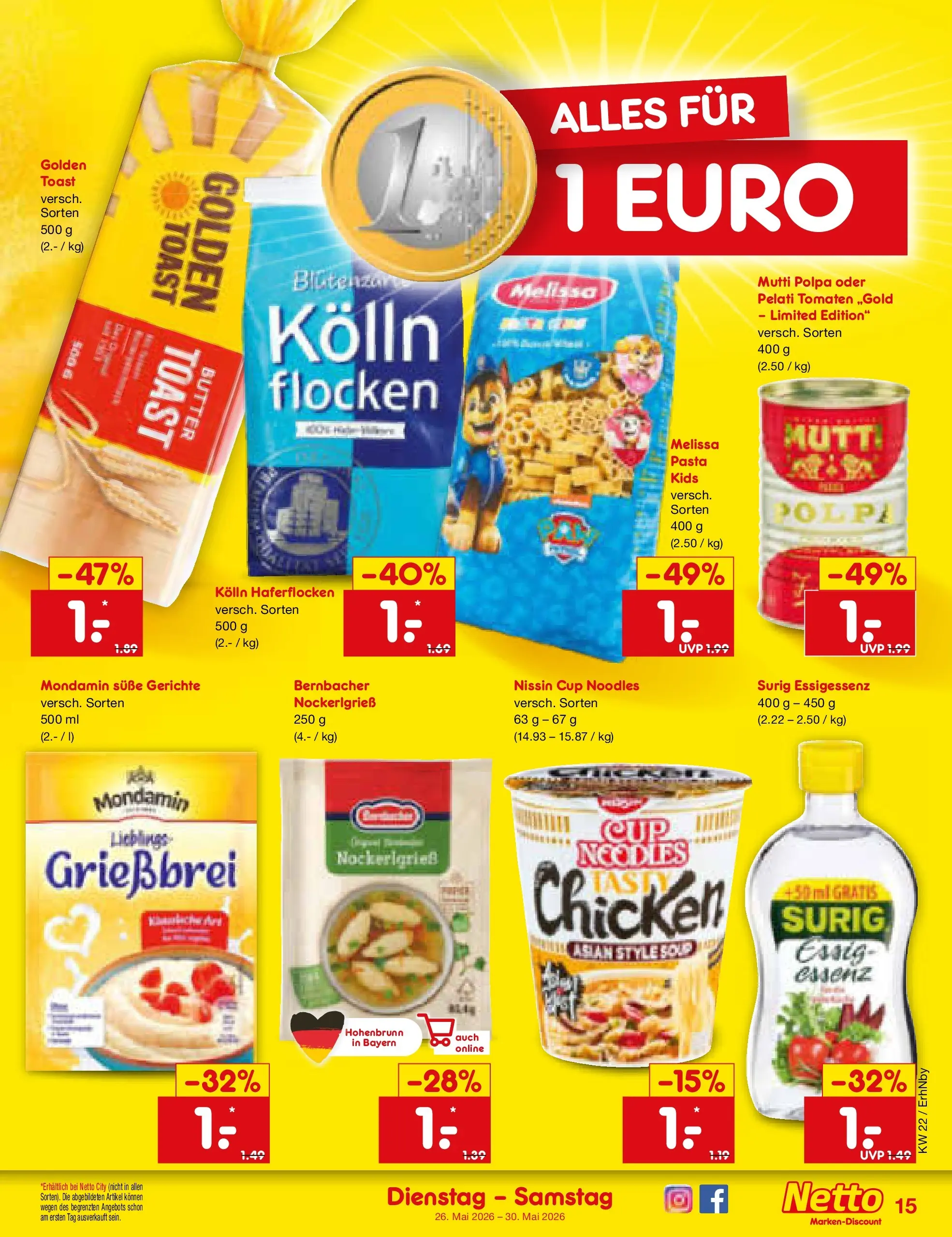 Netto Marken-Discount Prospekt Ergolding (ab 26.05.2026) » Angebote | Seite: 19 | Produkte: Kolln haferflocken, Toast, Tomaten, Flocken