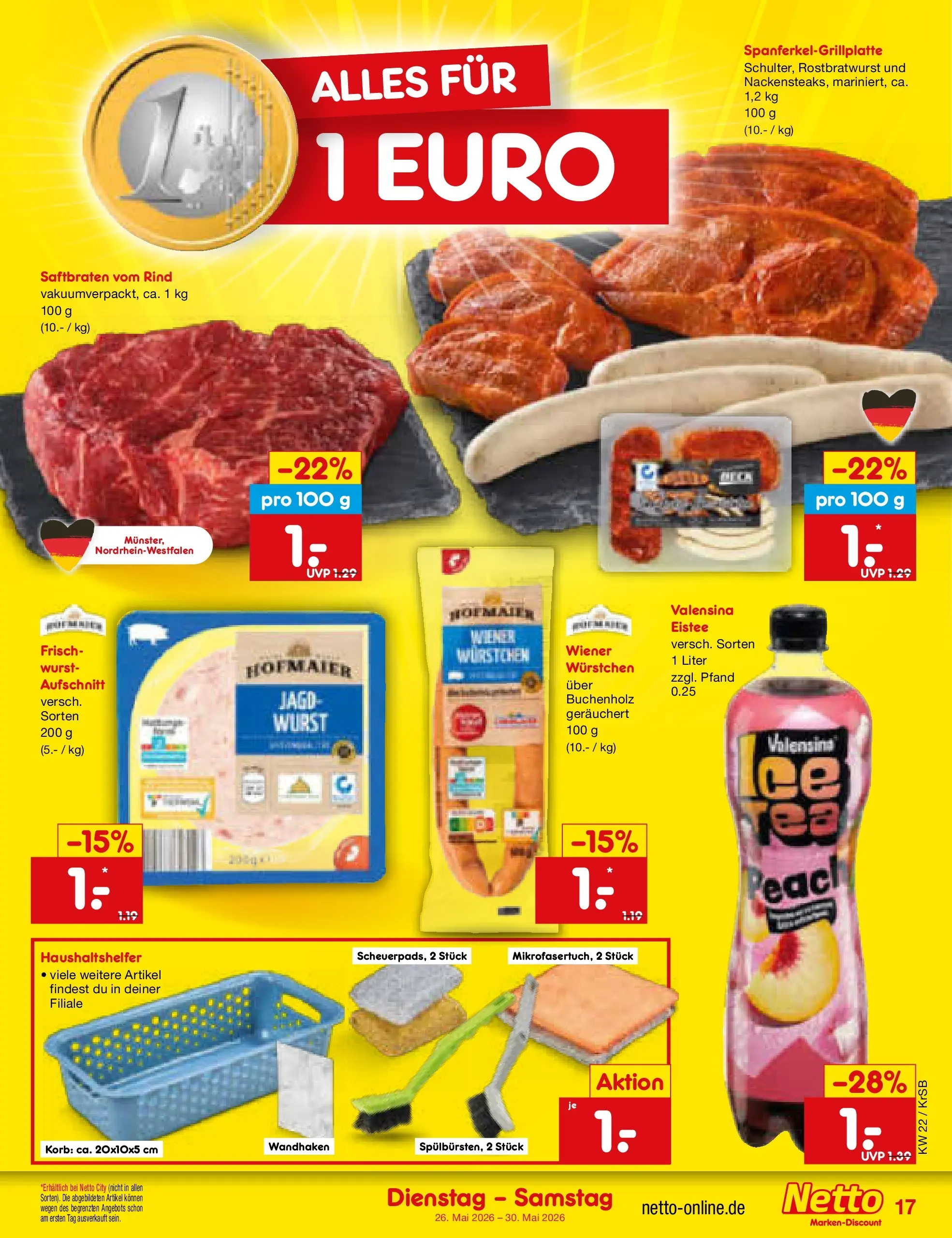 Netto Marken-Discount Prospekt Jüchen (ab 26.05.2026) » Angebote | Seite: 21 | Produkte: Korb, Valensina, Wurst