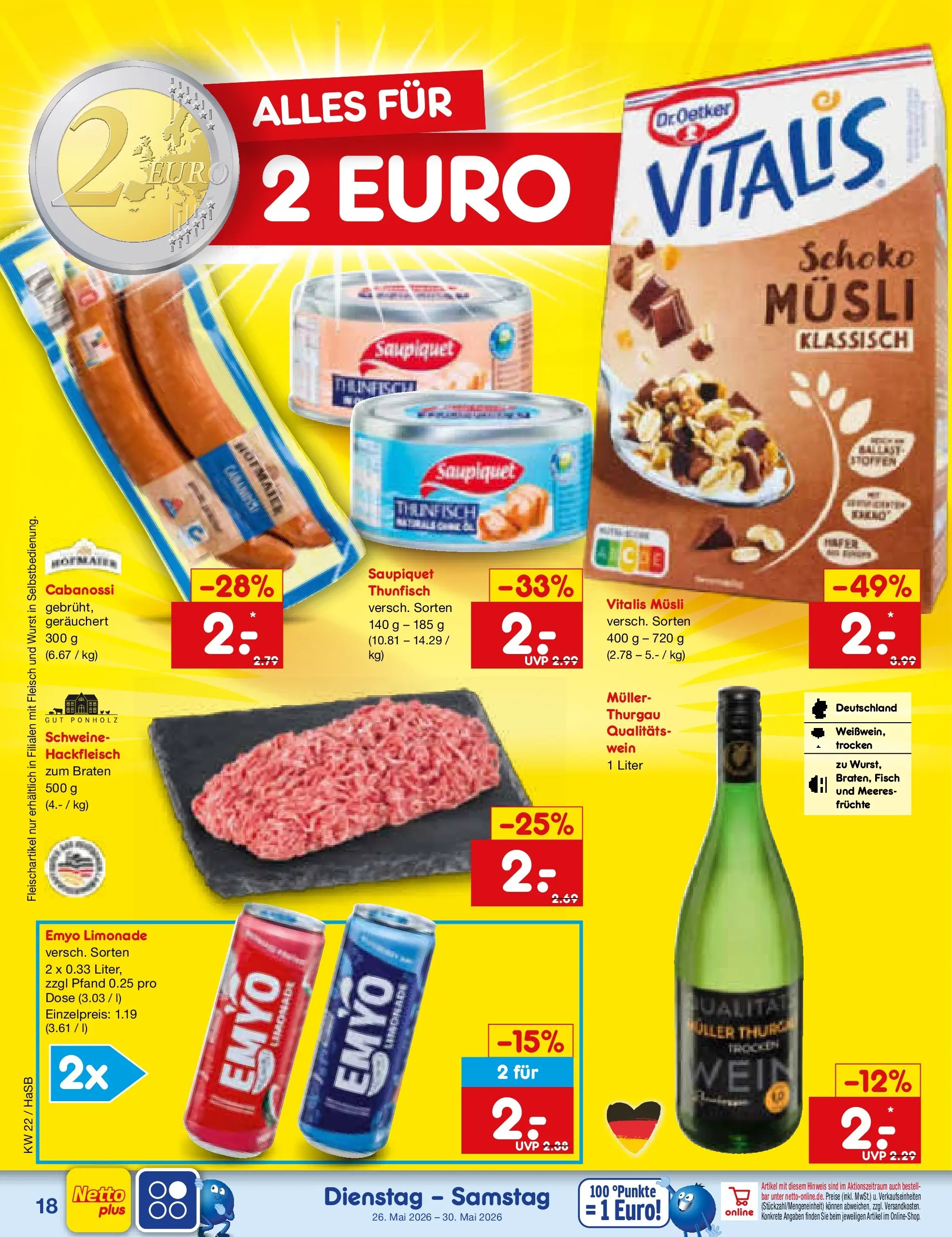 Netto Marken-Discount Prospekt Wuppertal (ab 26.05.2026) » Angebote | Seite: 22 | Produkte: Musli, Limonade, Fisch, Hackfleisch
