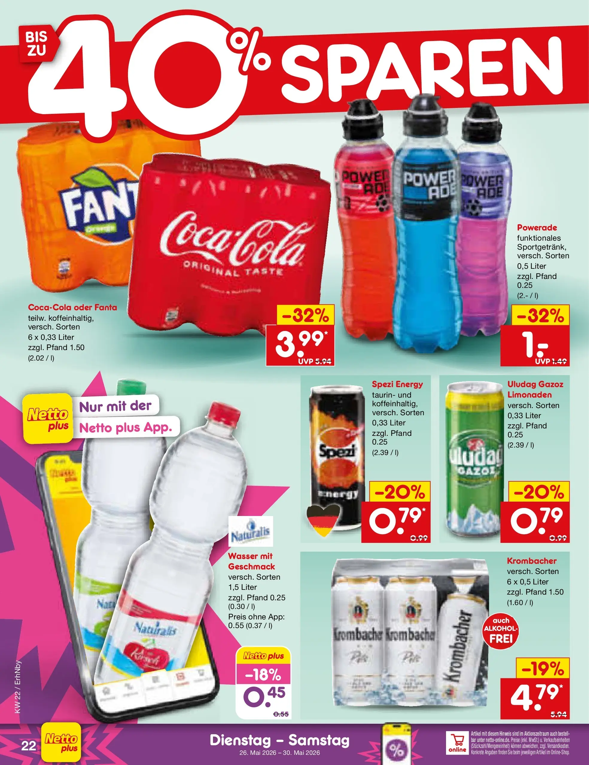 Netto Marken-Discount Prospekt Ergolding (ab 26.05.2026) » Angebote | Seite: 28 | Produkte: Cola, Energy, Powerade, Krombacher